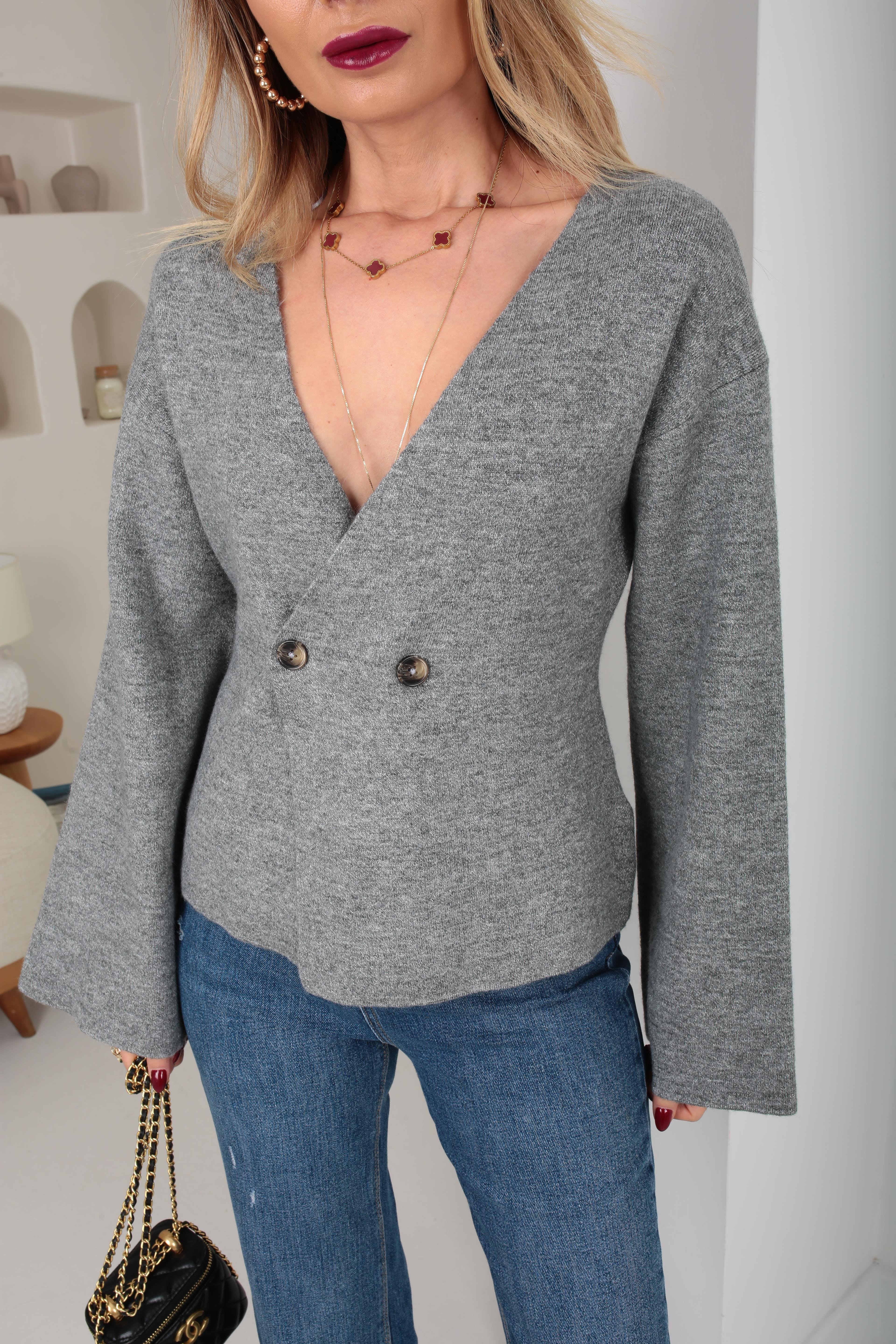 Gri  Kruvaze Çift Düğme Hırka HIRKA