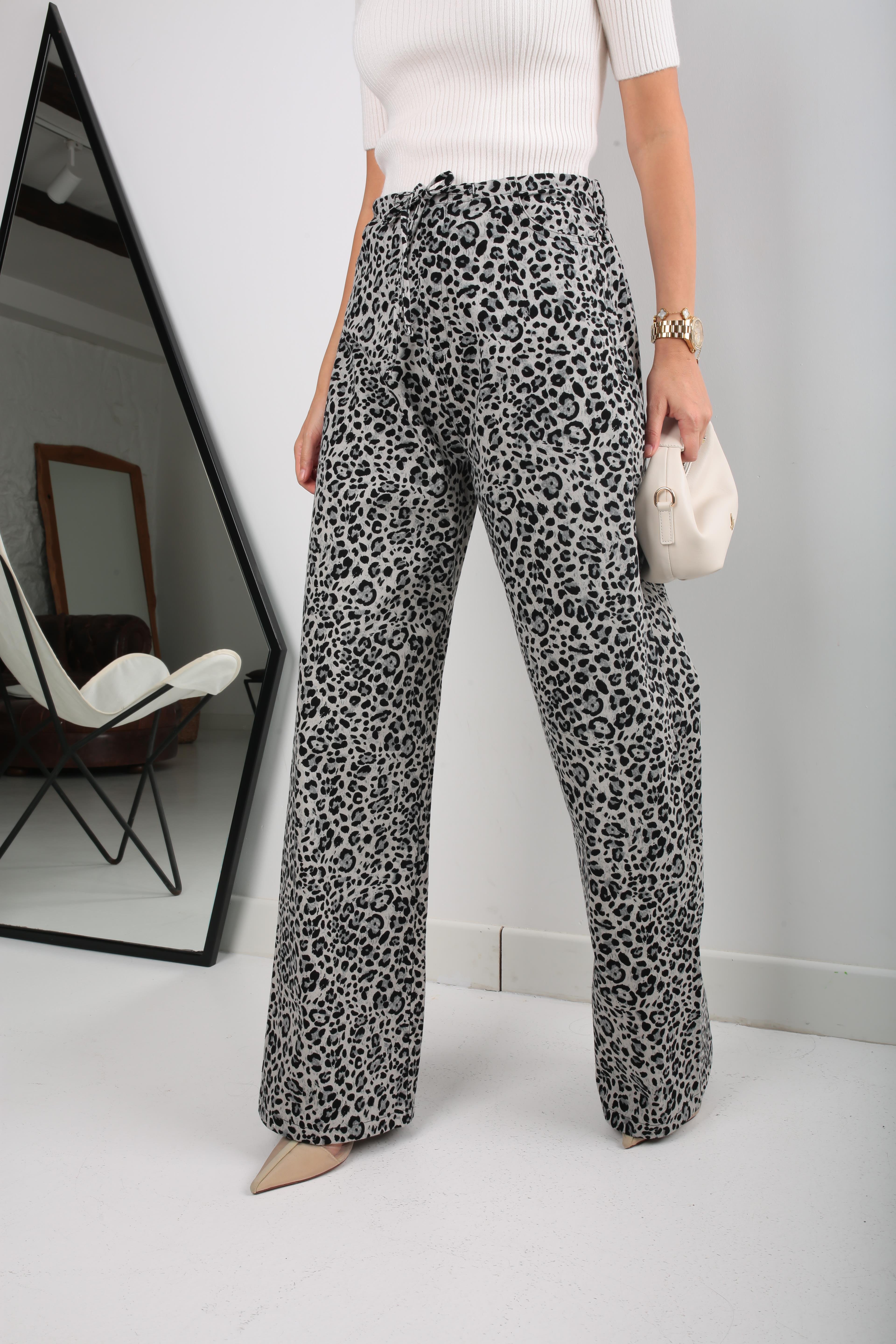 Gri Leopar Desen İnce Kanvas Pantolon PANTOLON