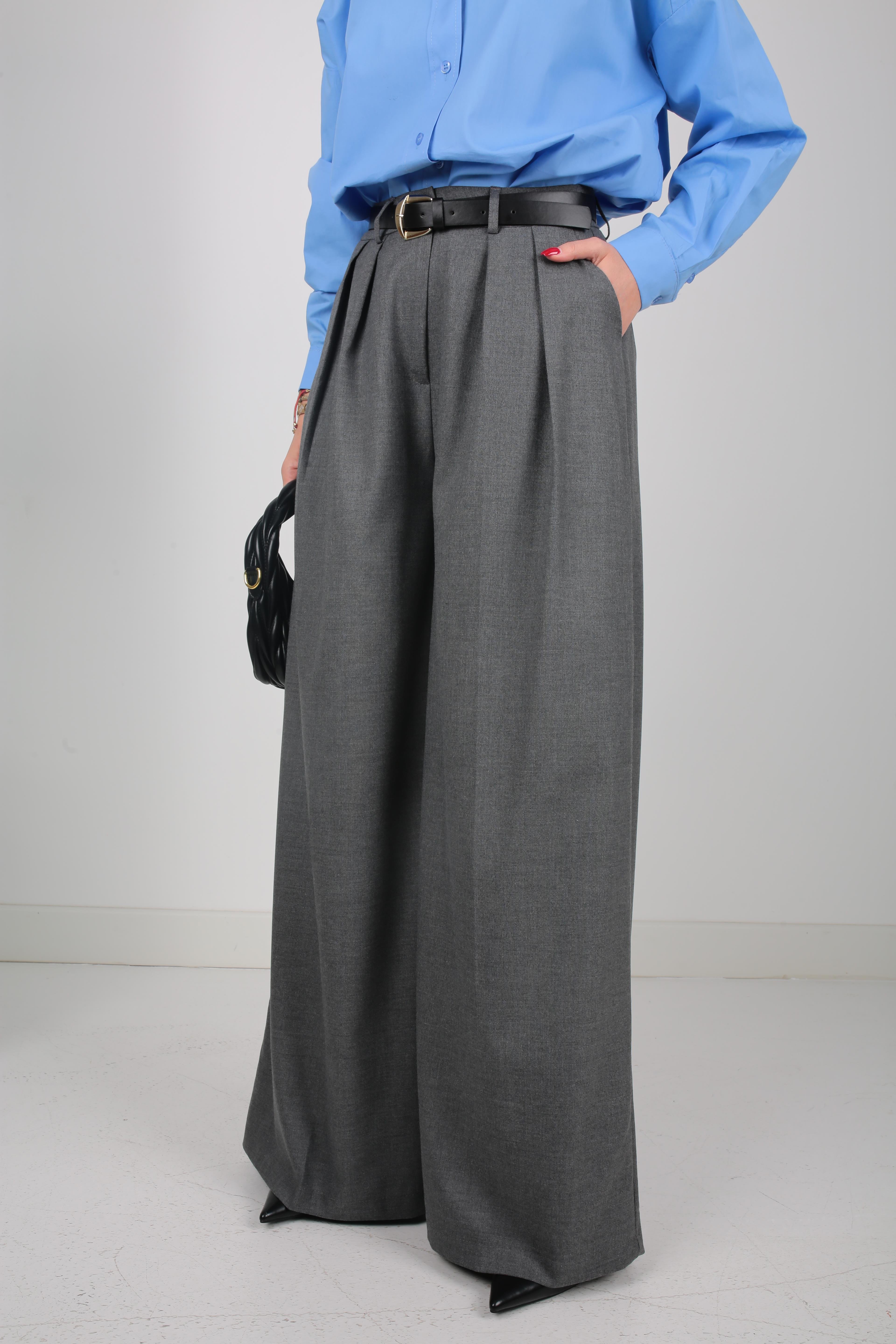 Gri Pileli Kemerli Palazzo Pantolon PANTOLON