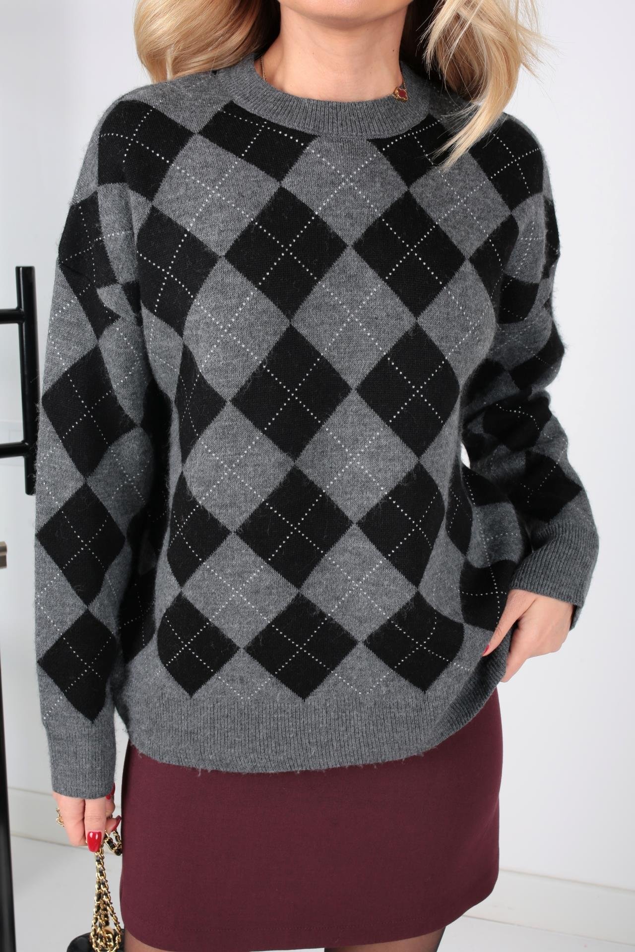 Gri Siyah Baklava Desen İnce Triko kazak TRİKO VE KAZAK