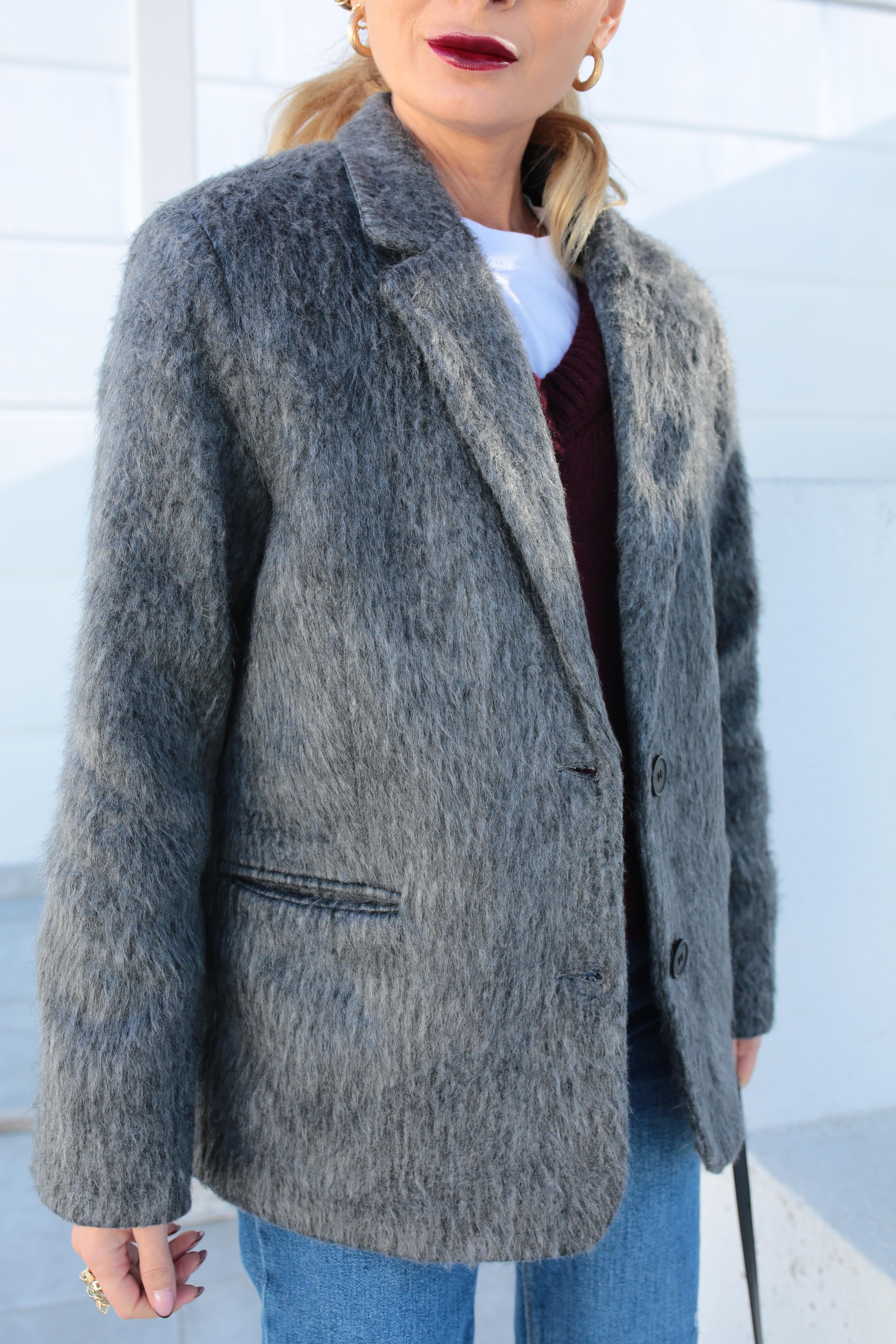 Gri Tüylü Çift Düğme Blazer Ceket CEKET