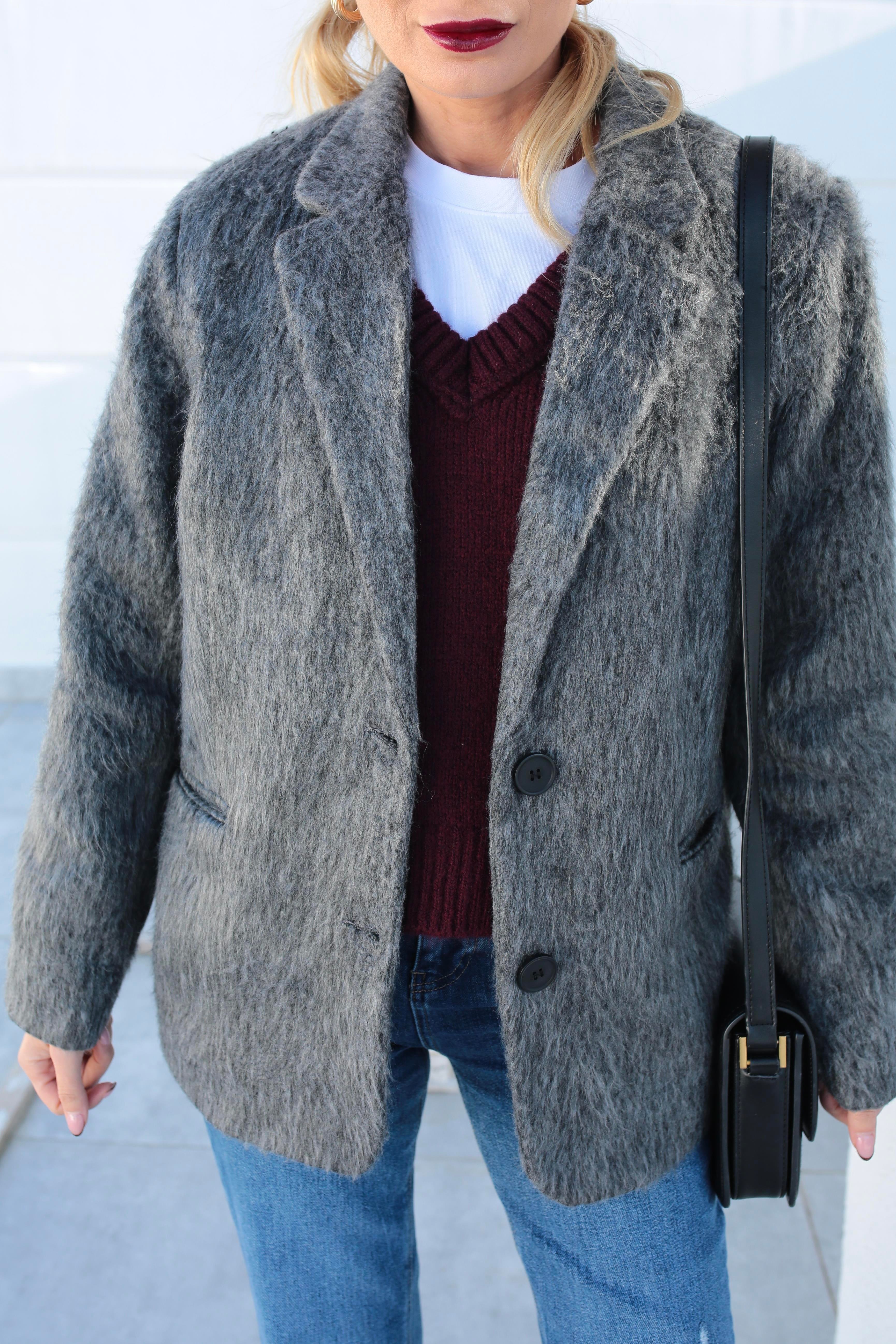 Gri Tüylü Çift Düğme Blazer Ceket CEKET