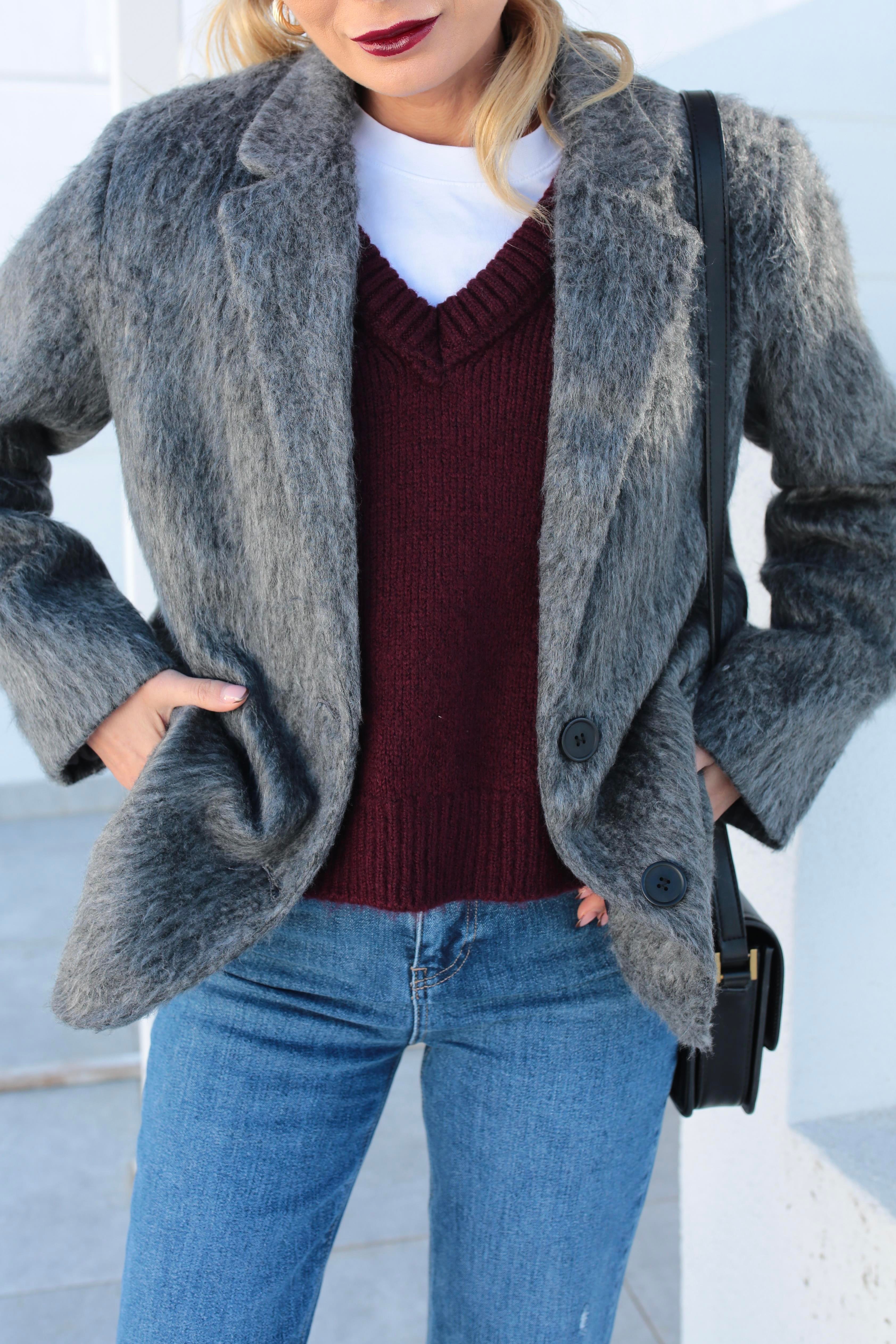 Gri Tüylü Çift Düğme Blazer Ceket CEKET