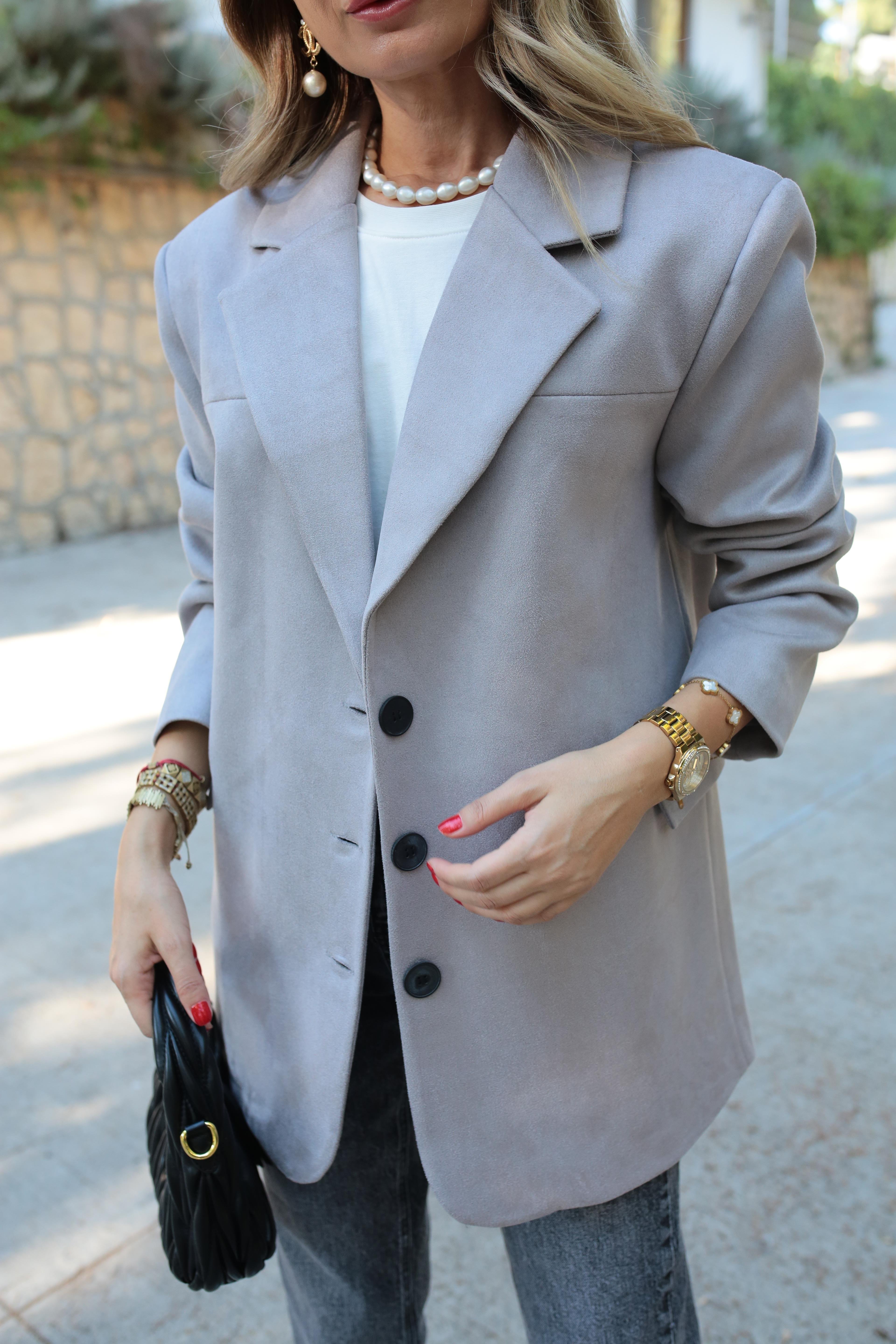 Gri Üç Düğmeli Nubuk Blazer Ceket CEKET