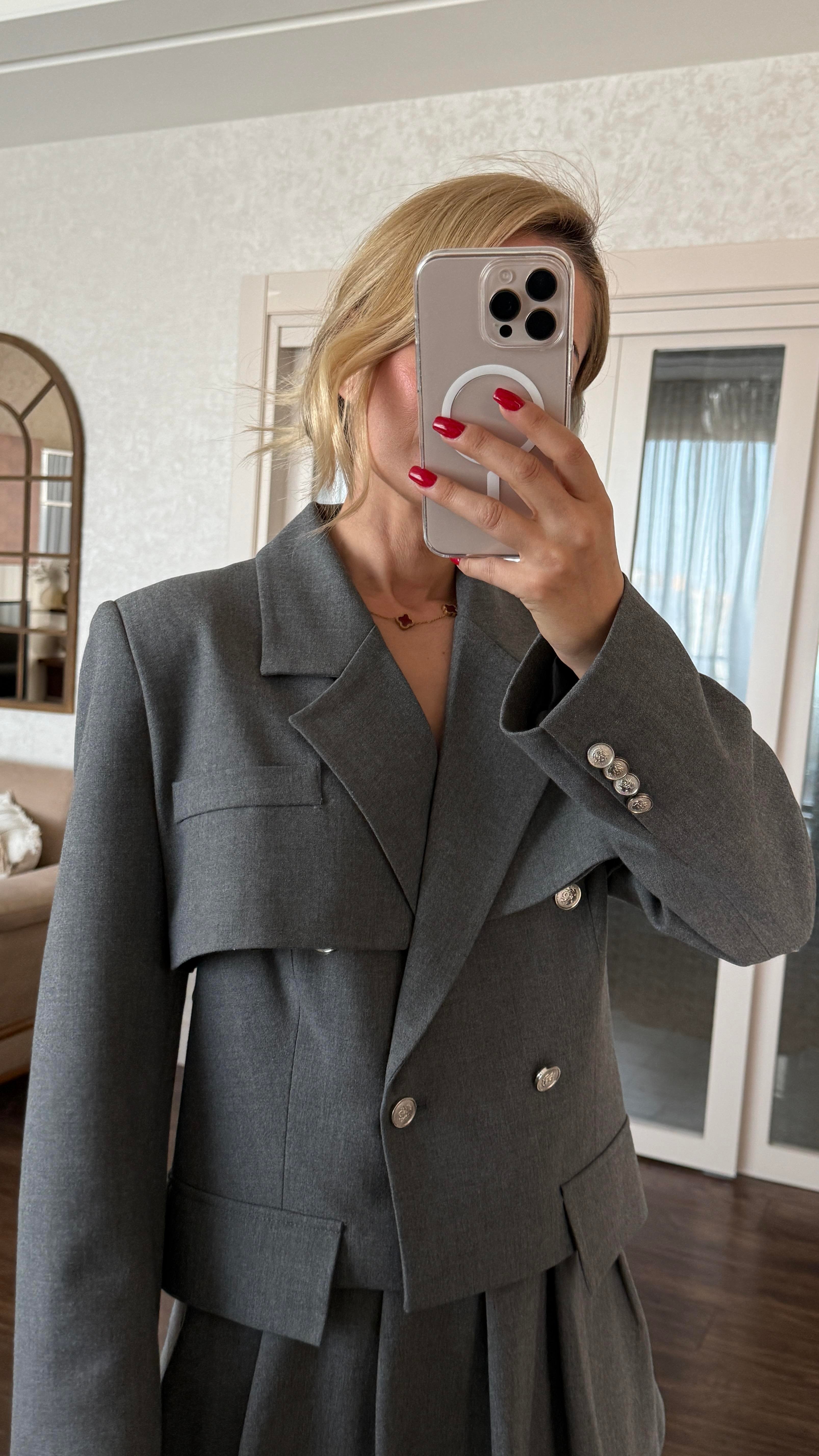 Gri Yelekli Crop Ceket Takım CEKET