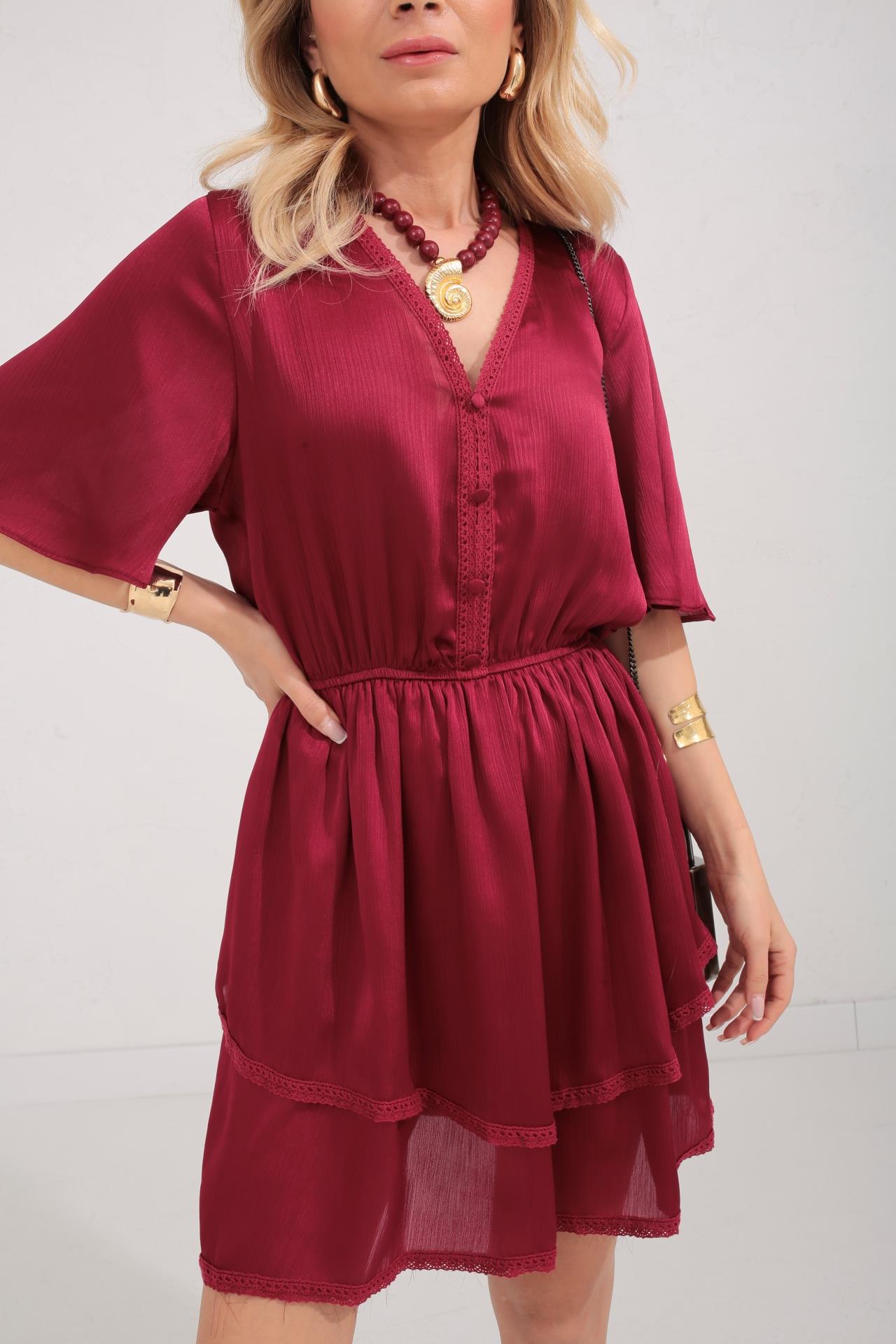 Güpür Detay Bordo Şifon Katlı Elbise ELBİSE