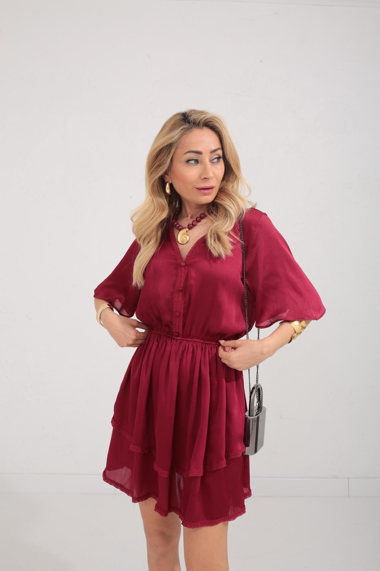 Güpür Detay Bordo Şifon Katlı Elbise ELBİSE