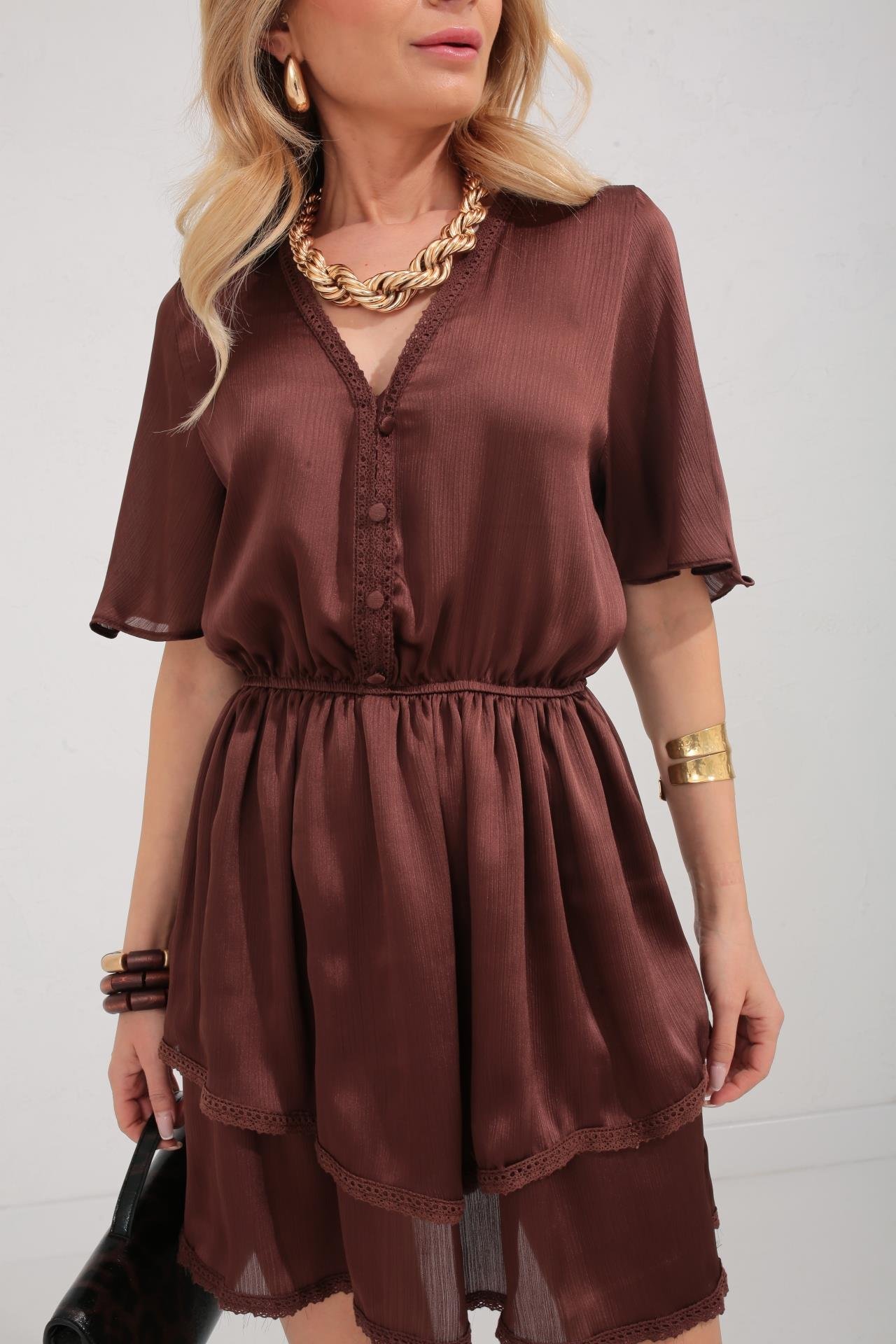 Güpür Detay Kahve Şifon Katlı Elbise ELBİSE