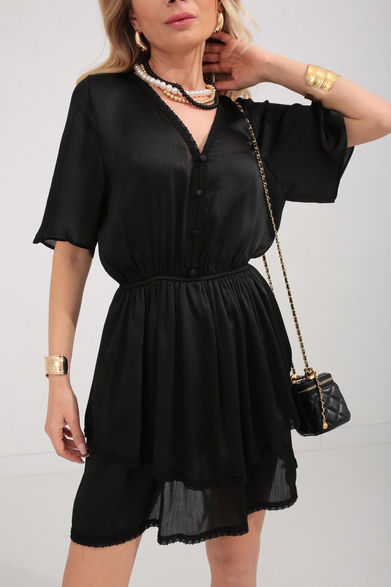 Güpür Detay Siyah Şifon Katlı Elbise ELBİSE