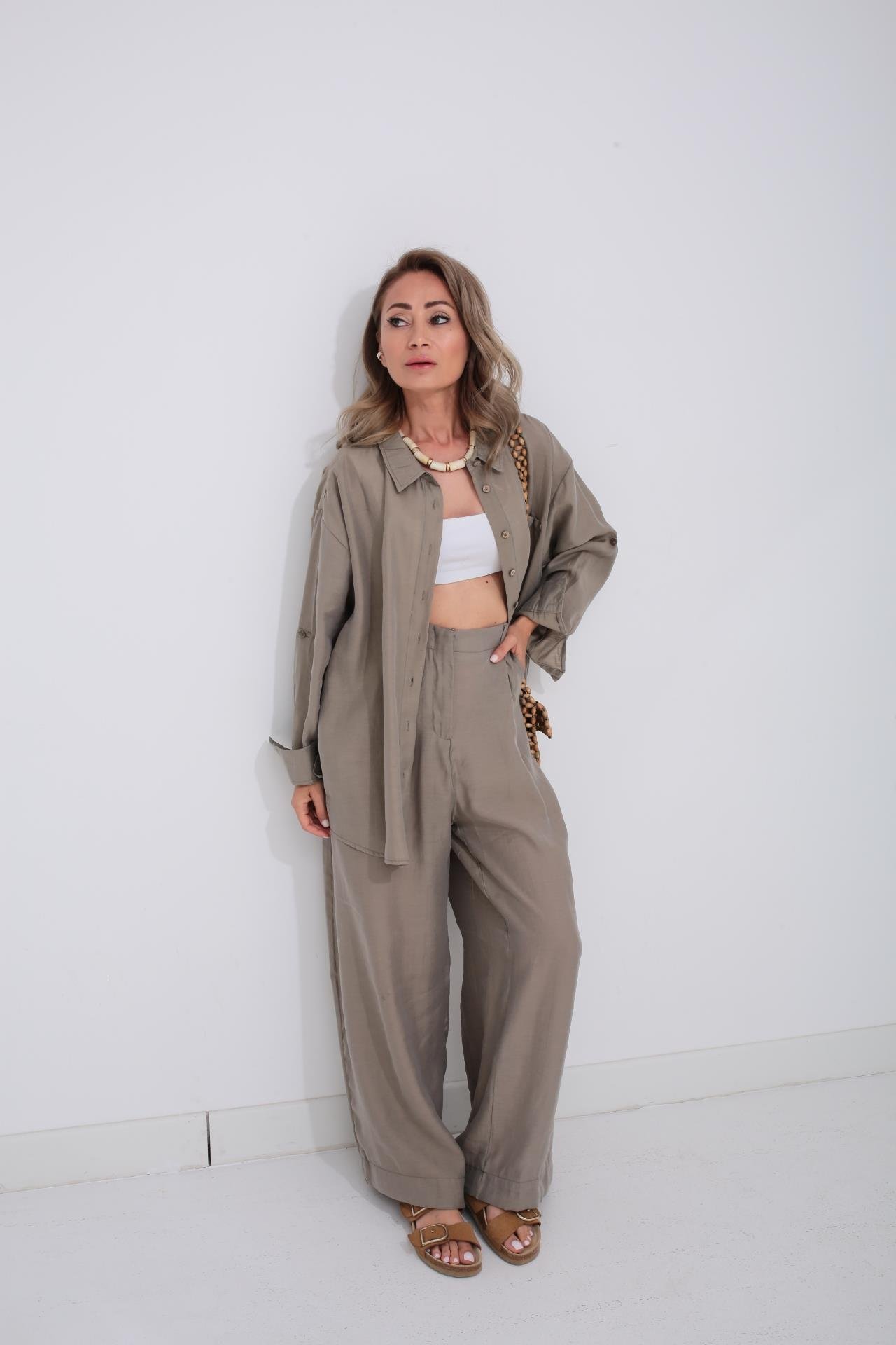 Haki Tek Cep Gömlekli Palazzo Takım TAKIM | NO33