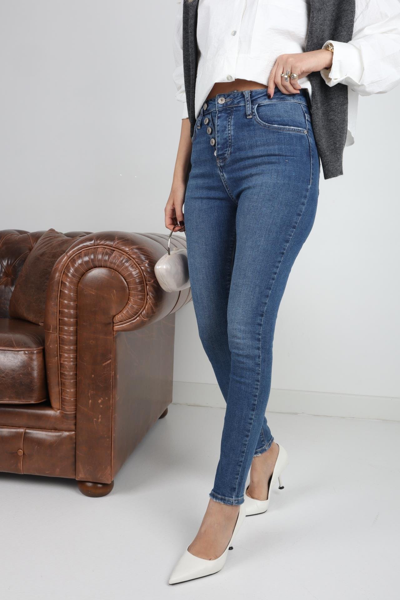 High Rise Mavi Düğme Detay Full Likralı Skiny Jean JEAN