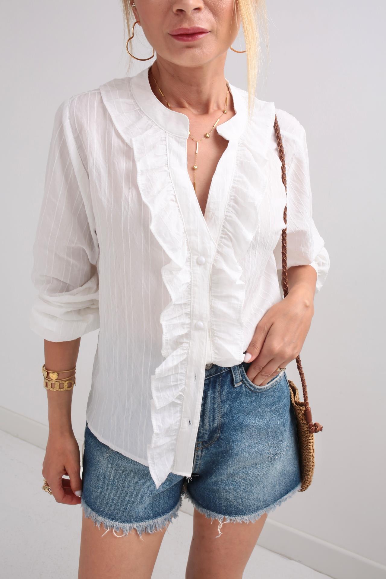 İnci Düğmeli Fırfır Detay Ekru Gömlek GÖMLEK | NO33