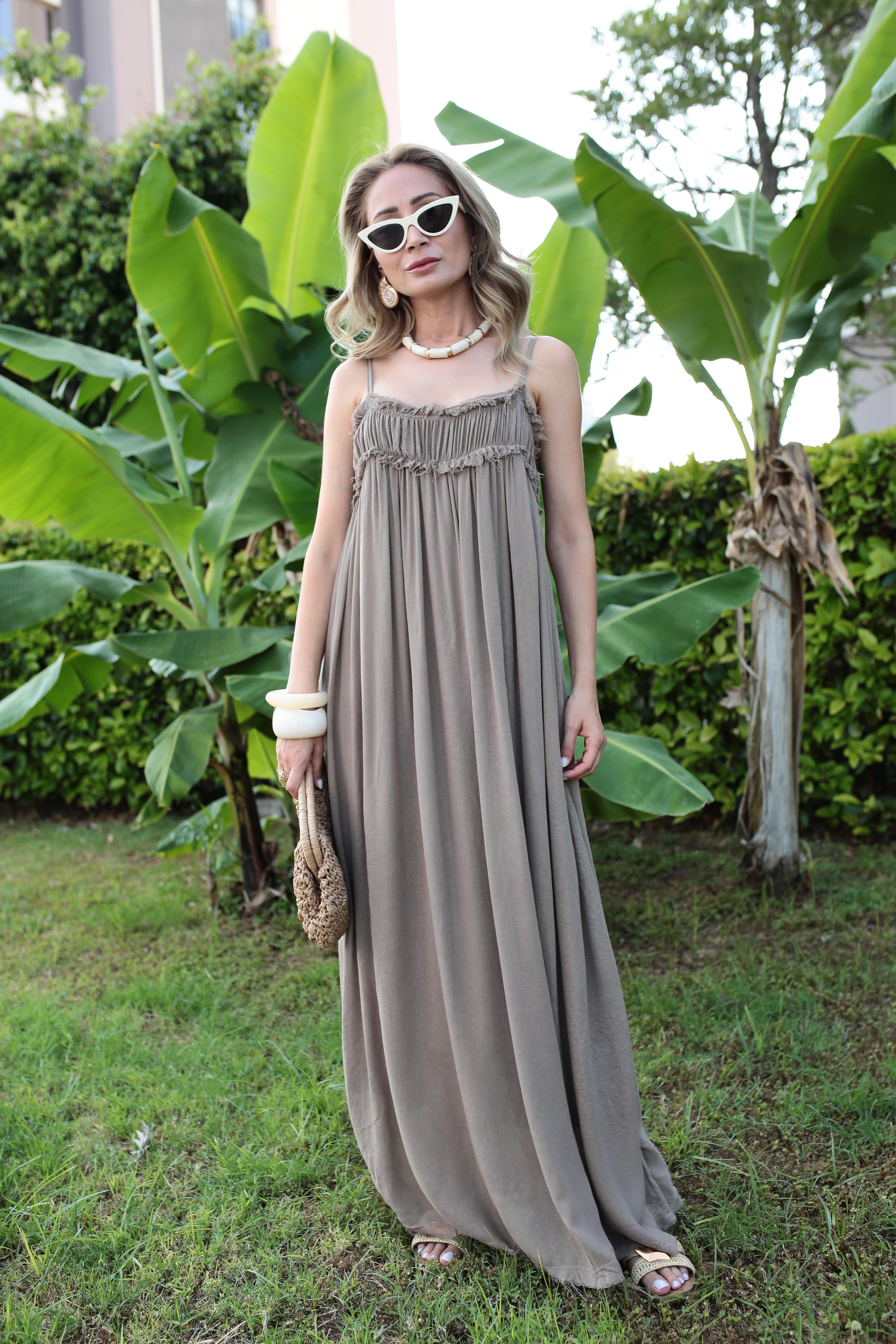 İp Askılı Astarlı Vizon Kraşlı Keten Elbise ELBİSE | NO33