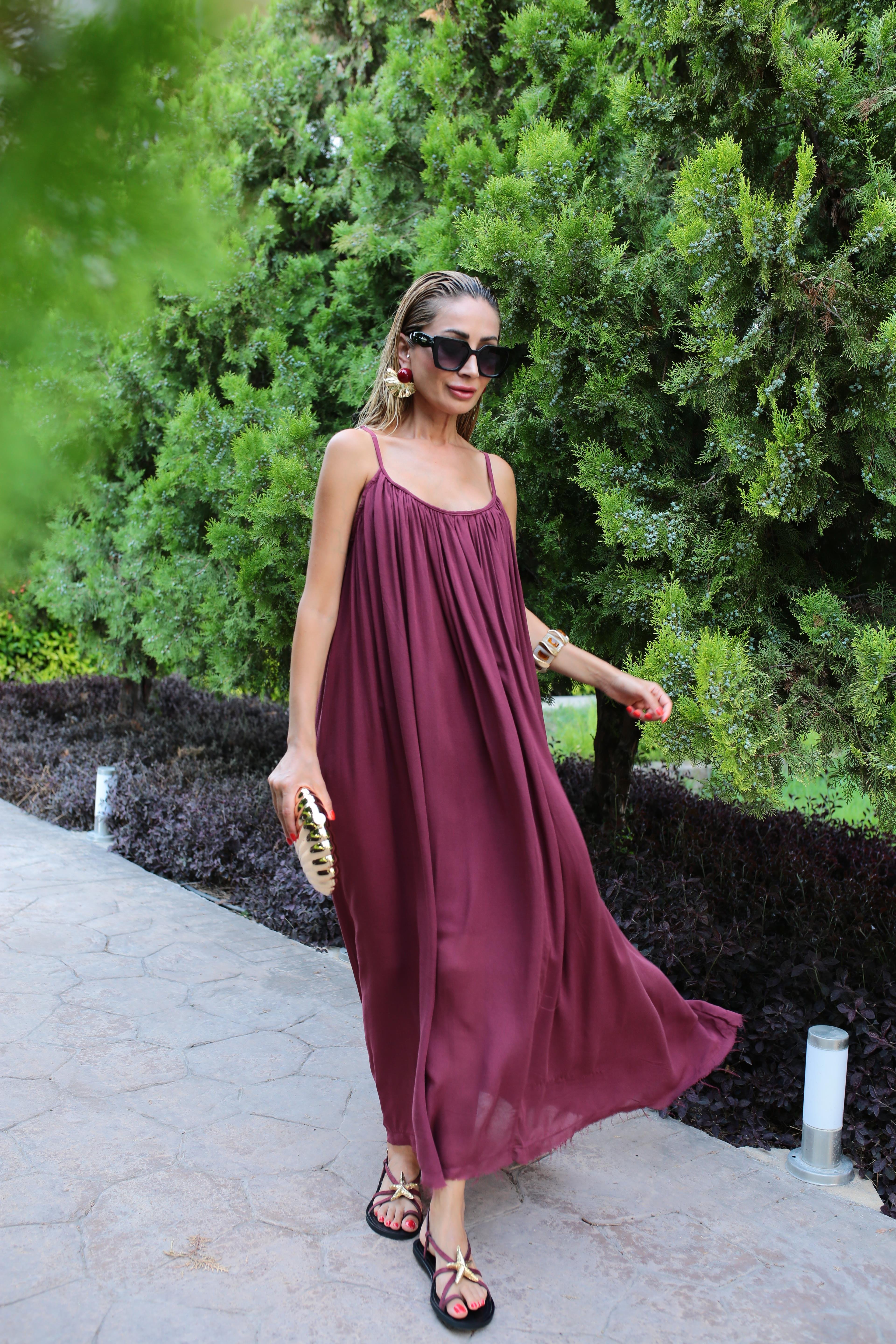 İp Askılı Bordo Keten Uzun Elbise ELBİSE | NO33