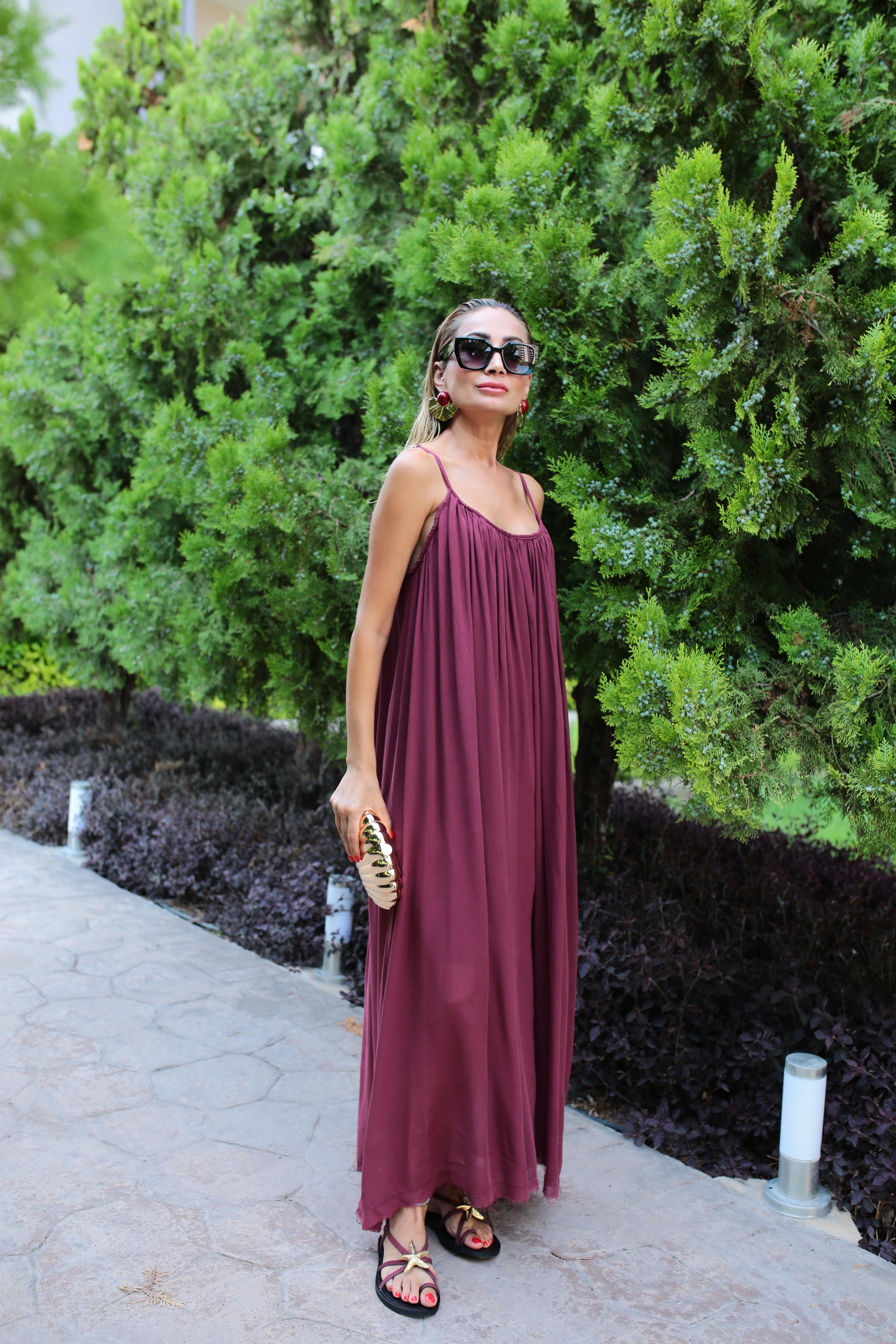 İp Askılı Bordo Keten Uzun Elbise ELBİSE | NO33