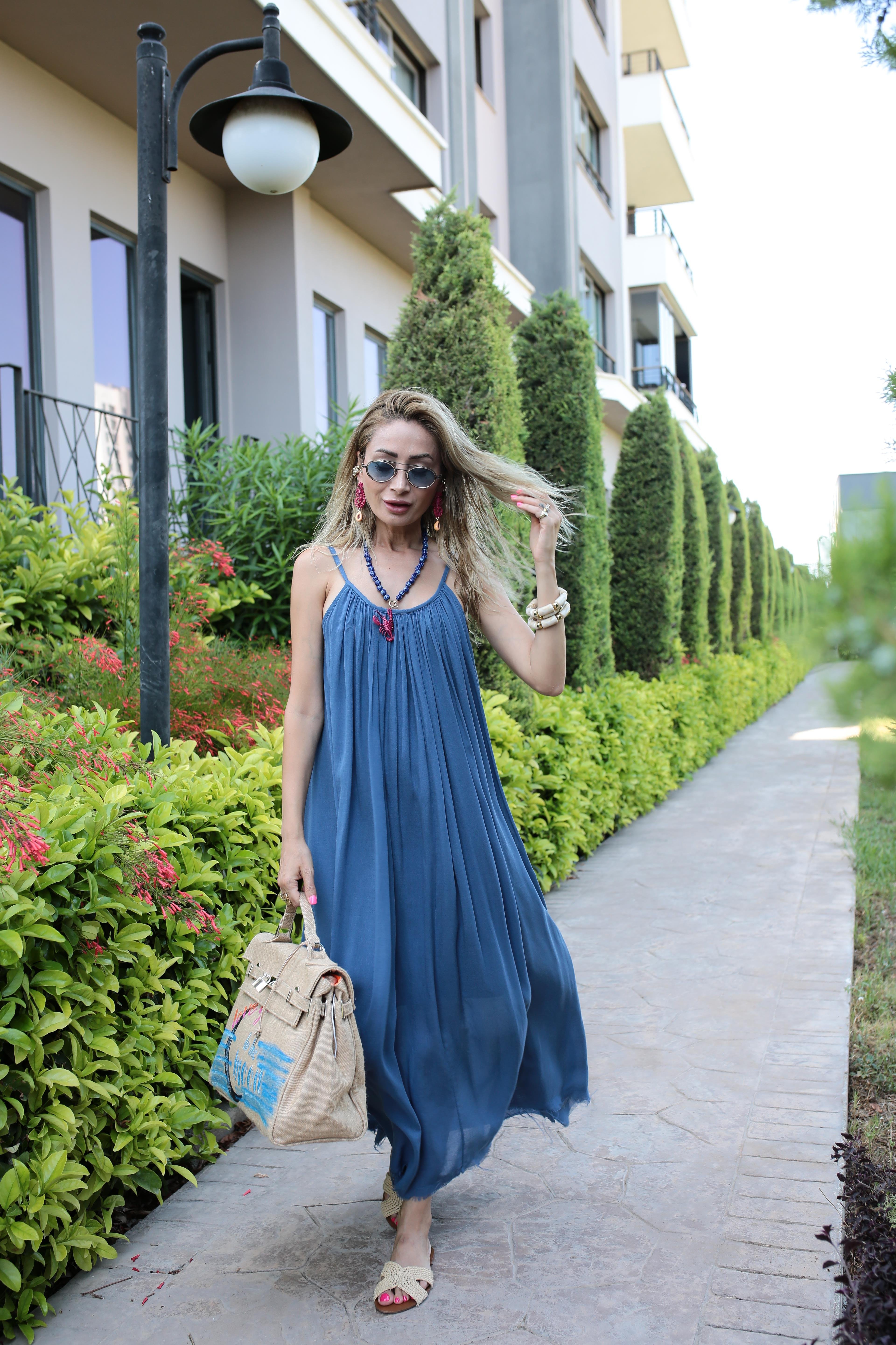 İp Askılı Lacivert Keten Uzun Elbise ELBİSE | NO33