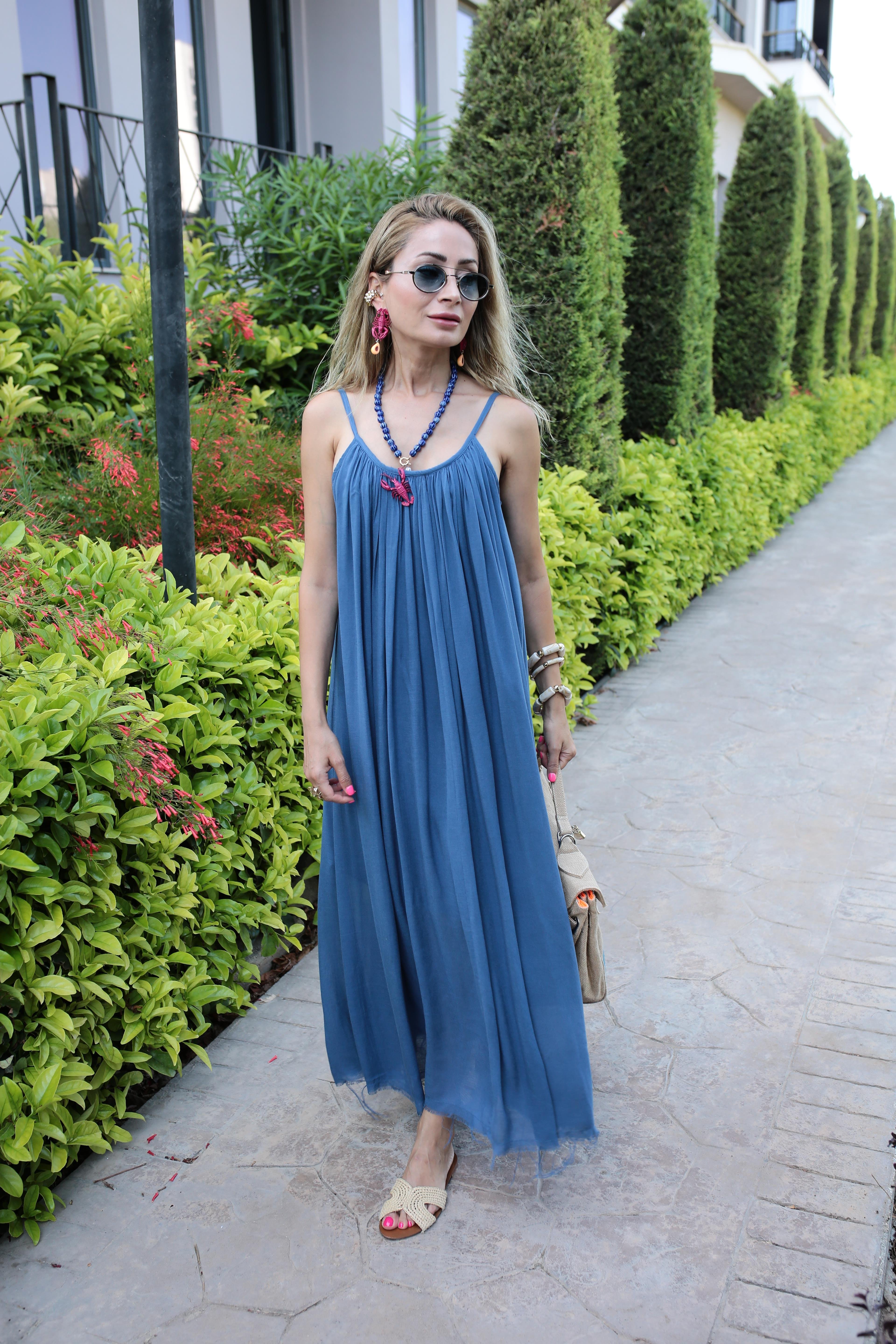 İp Askılı Lacivert Keten Uzun Elbise ELBİSE | NO33