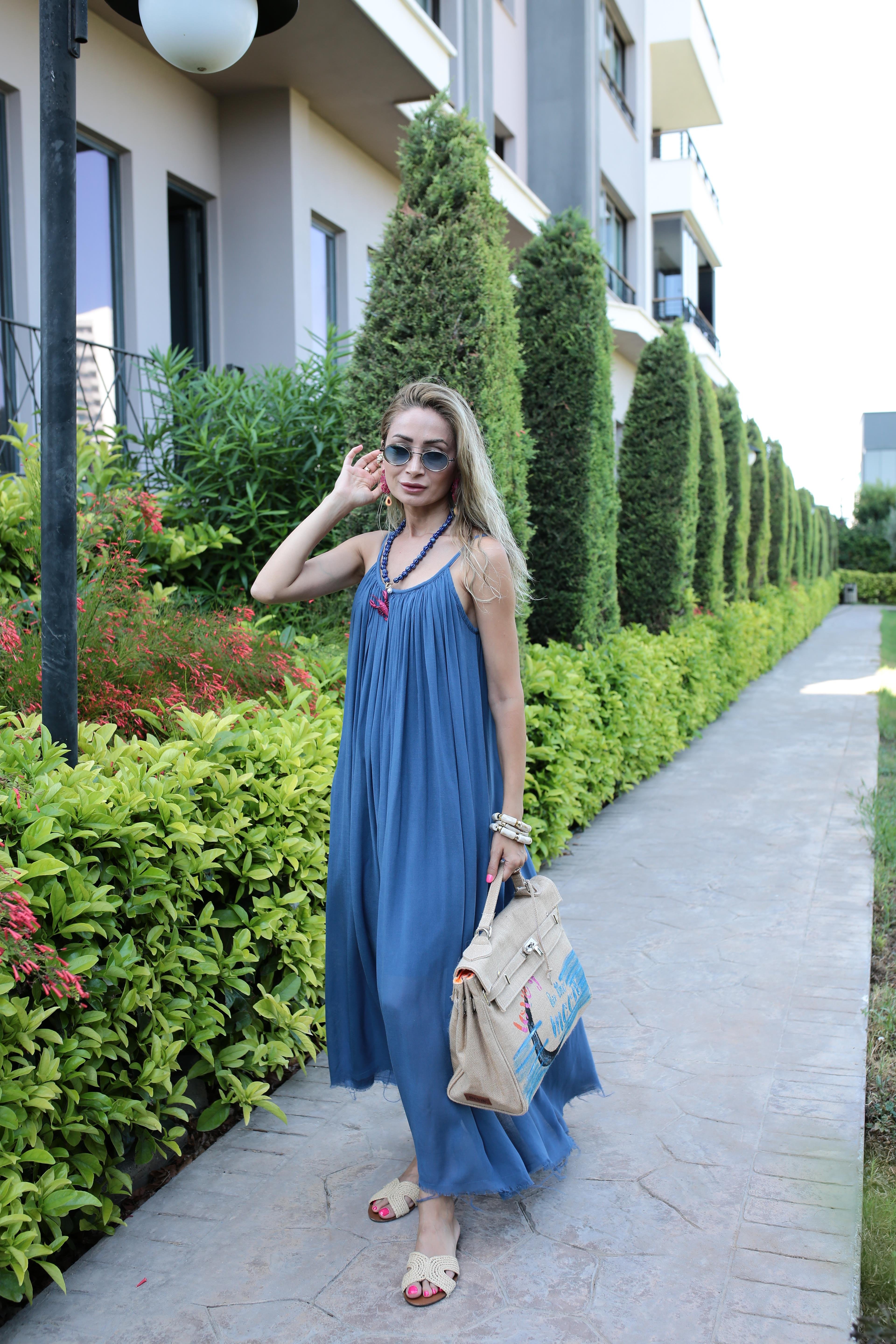 İp Askılı Lacivert Keten Uzun Elbise ELBİSE | NO33