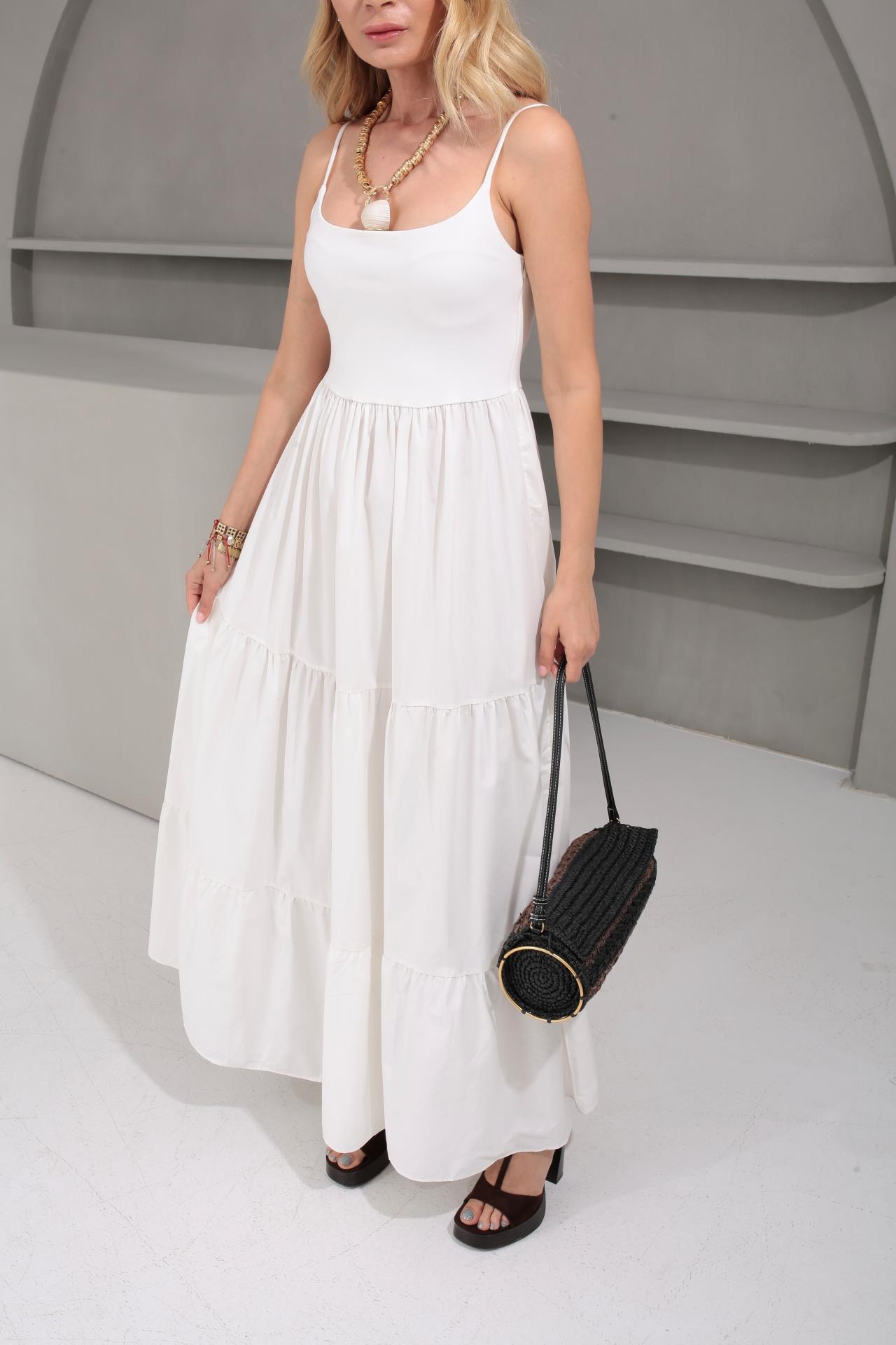 İp Askılı Penye Detay Katlı Ekru Uzun Elbise ELBİSE | NO33