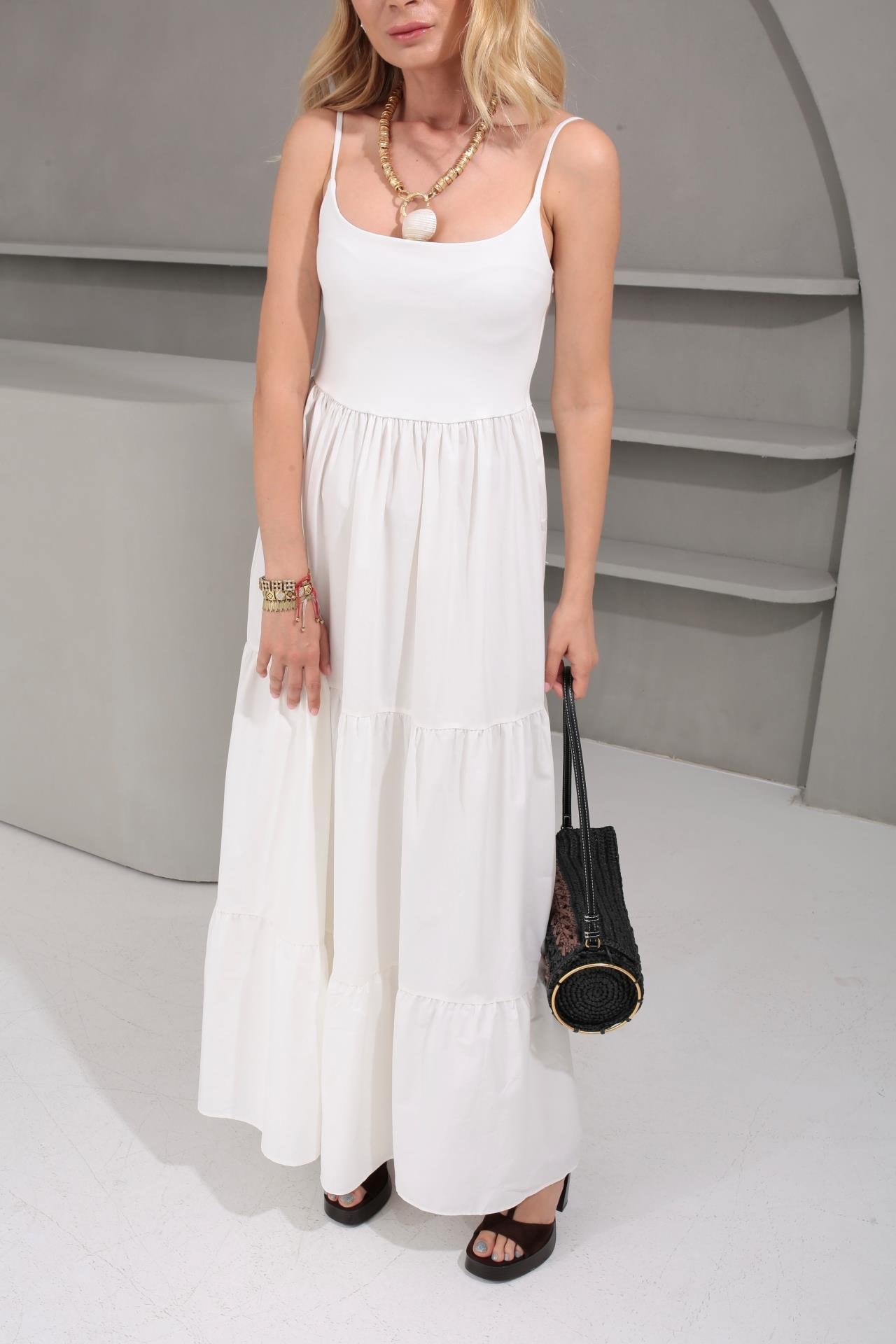 İp Askılı Penye Detay Katlı Ekru Uzun Elbise ELBİSE | NO33