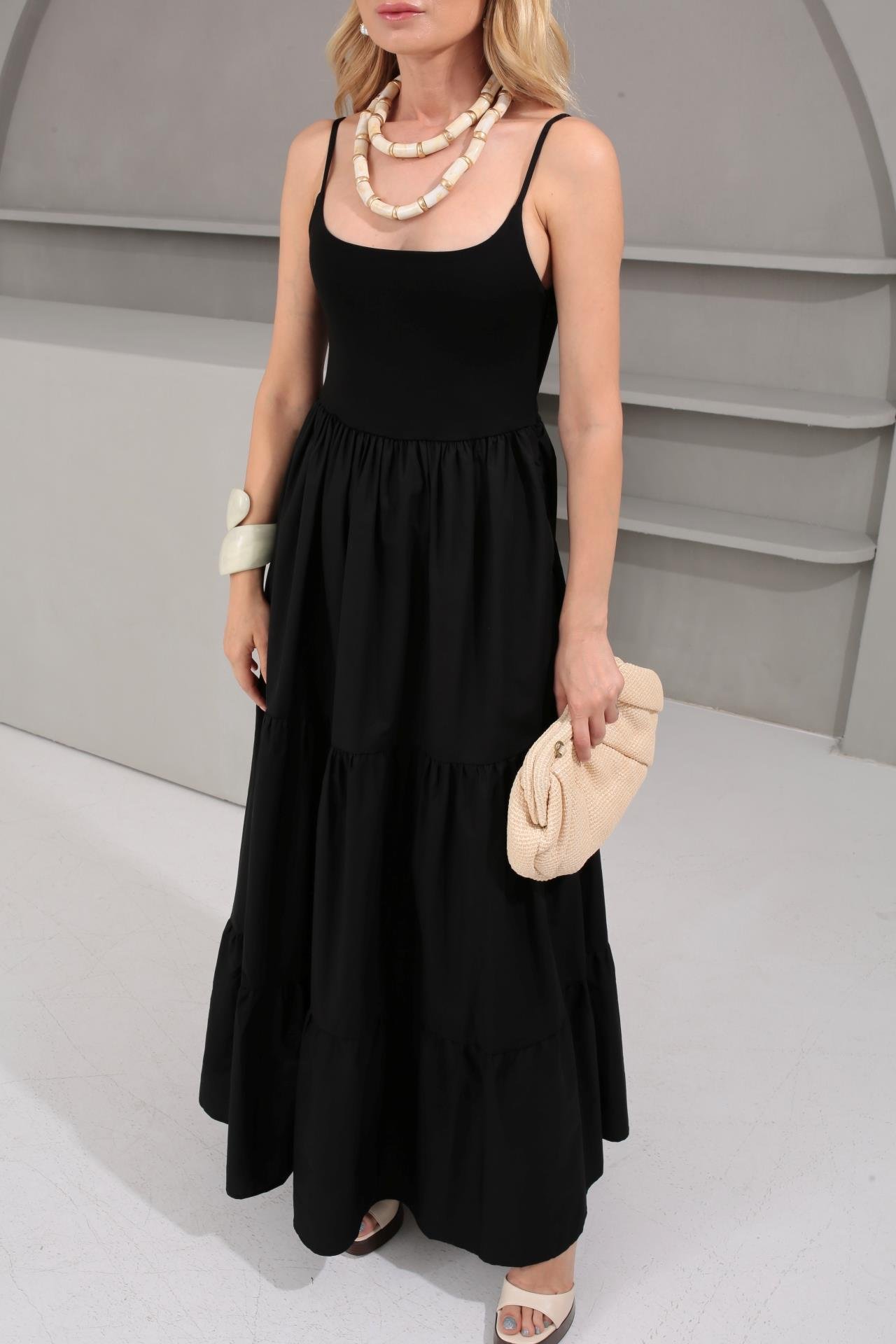 İp Askılı Penye Detay Katlı Siyah Uzun Elbise ELBİSE | NO33