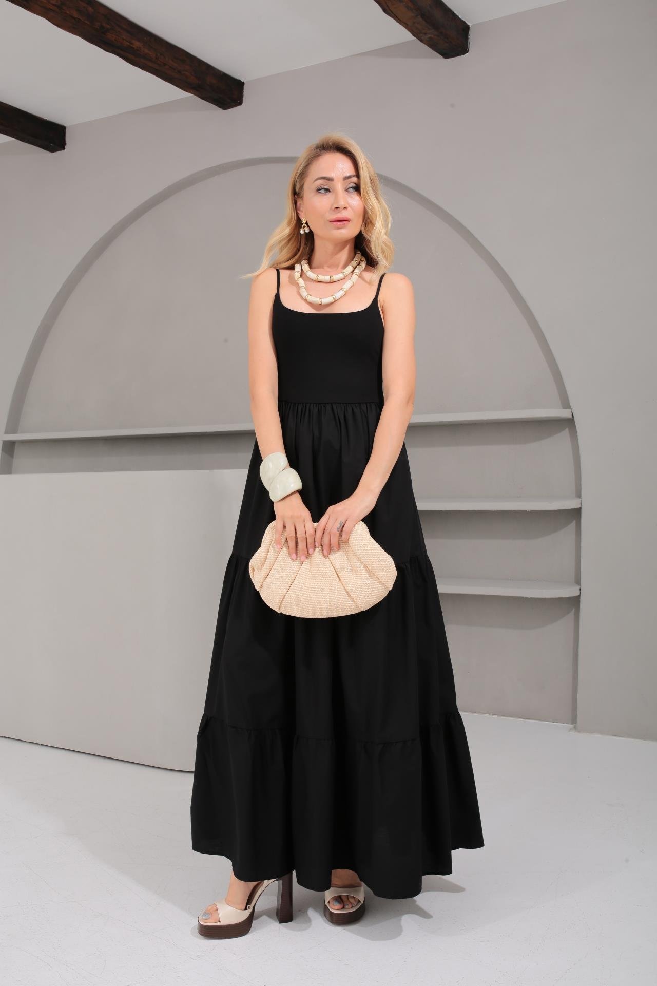 İp Askılı Penye Detay Katlı Siyah Uzun Elbise ELBİSE | NO33