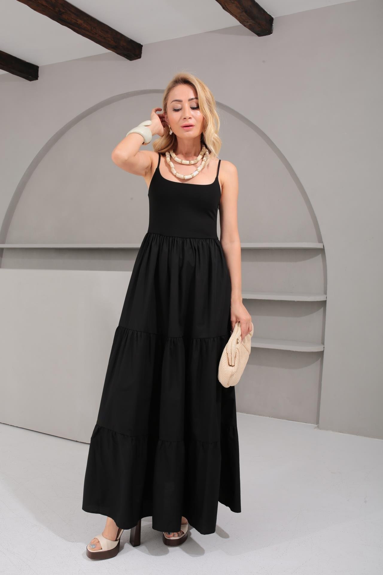 İp Askılı Penye Detay Katlı Siyah Uzun Elbise ELBİSE | NO33