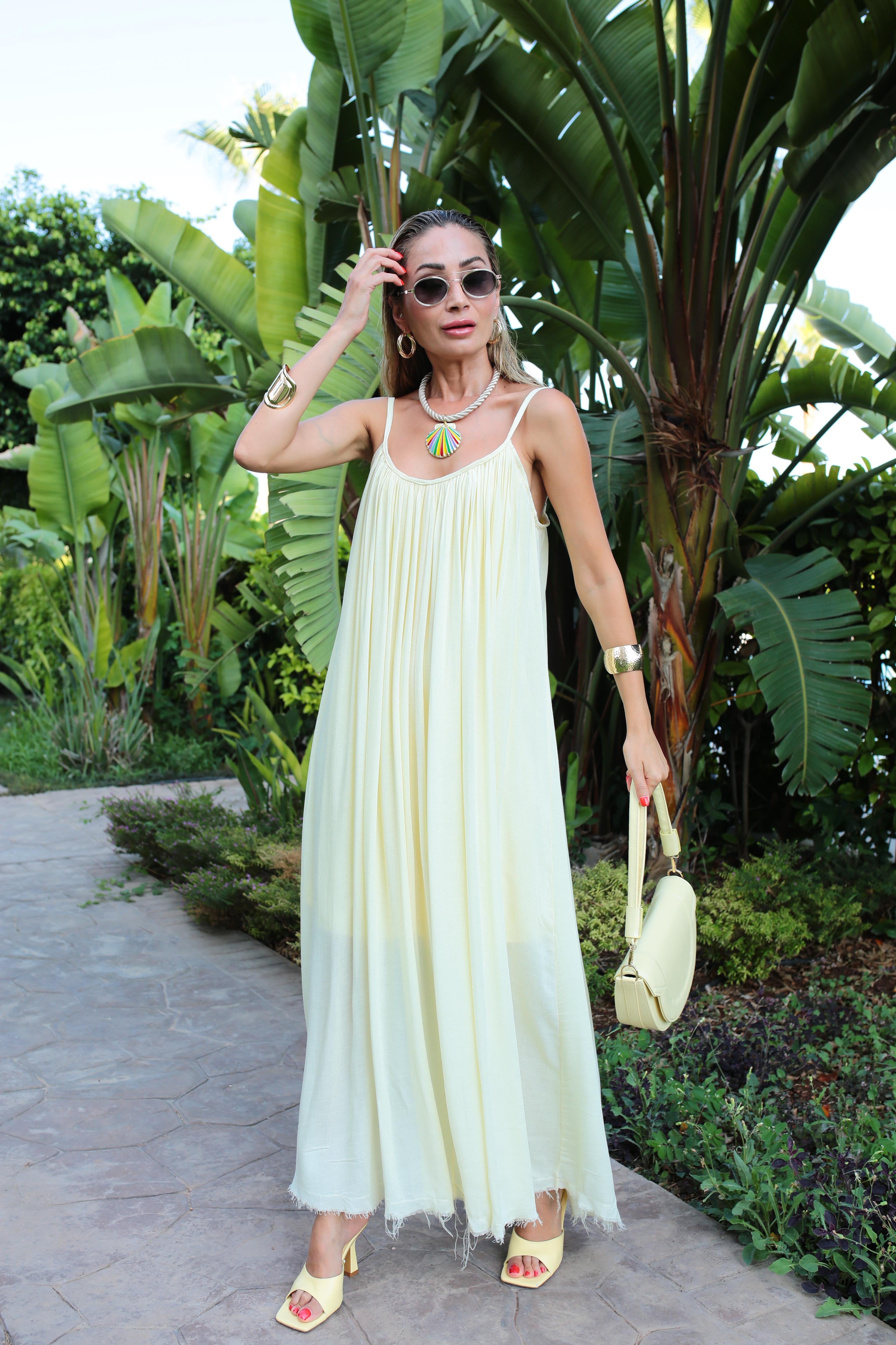 İp Askılı Sarı Keten Uzun Elbise ELBİSE | NO33