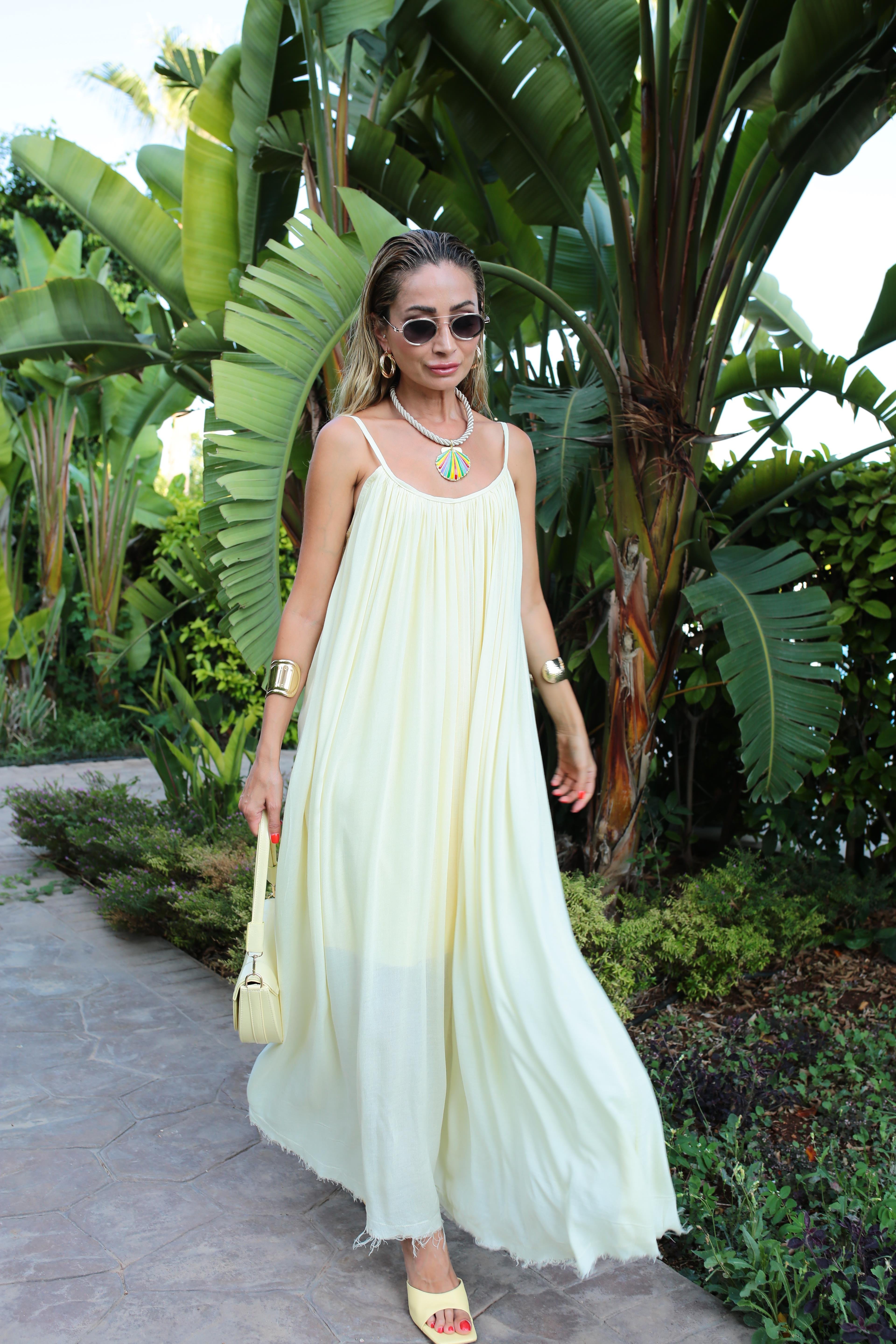 İp Askılı Sarı Keten Uzun Elbise ELBİSE | NO33