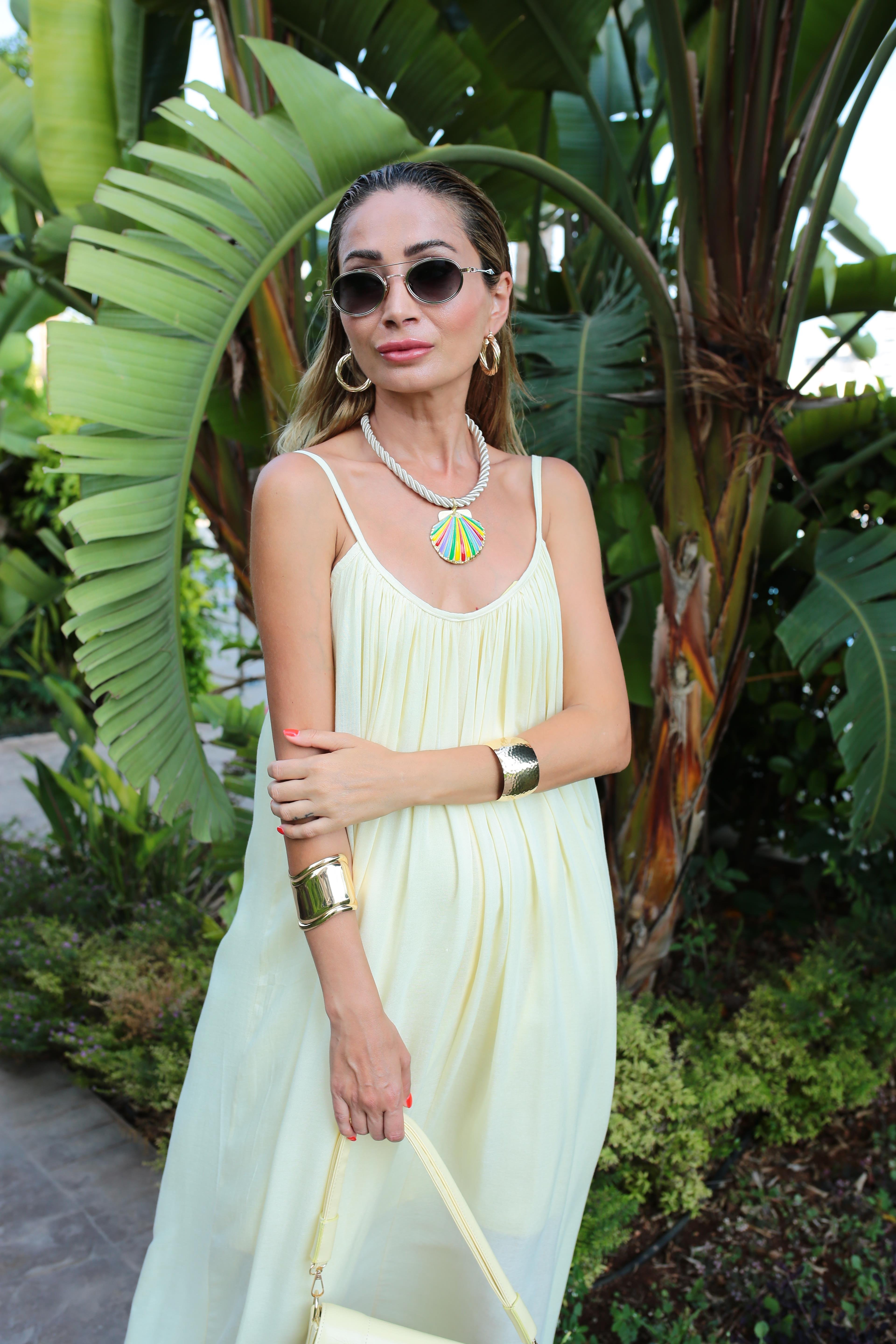 İp Askılı Sarı Keten Uzun Elbise ELBİSE | NO33