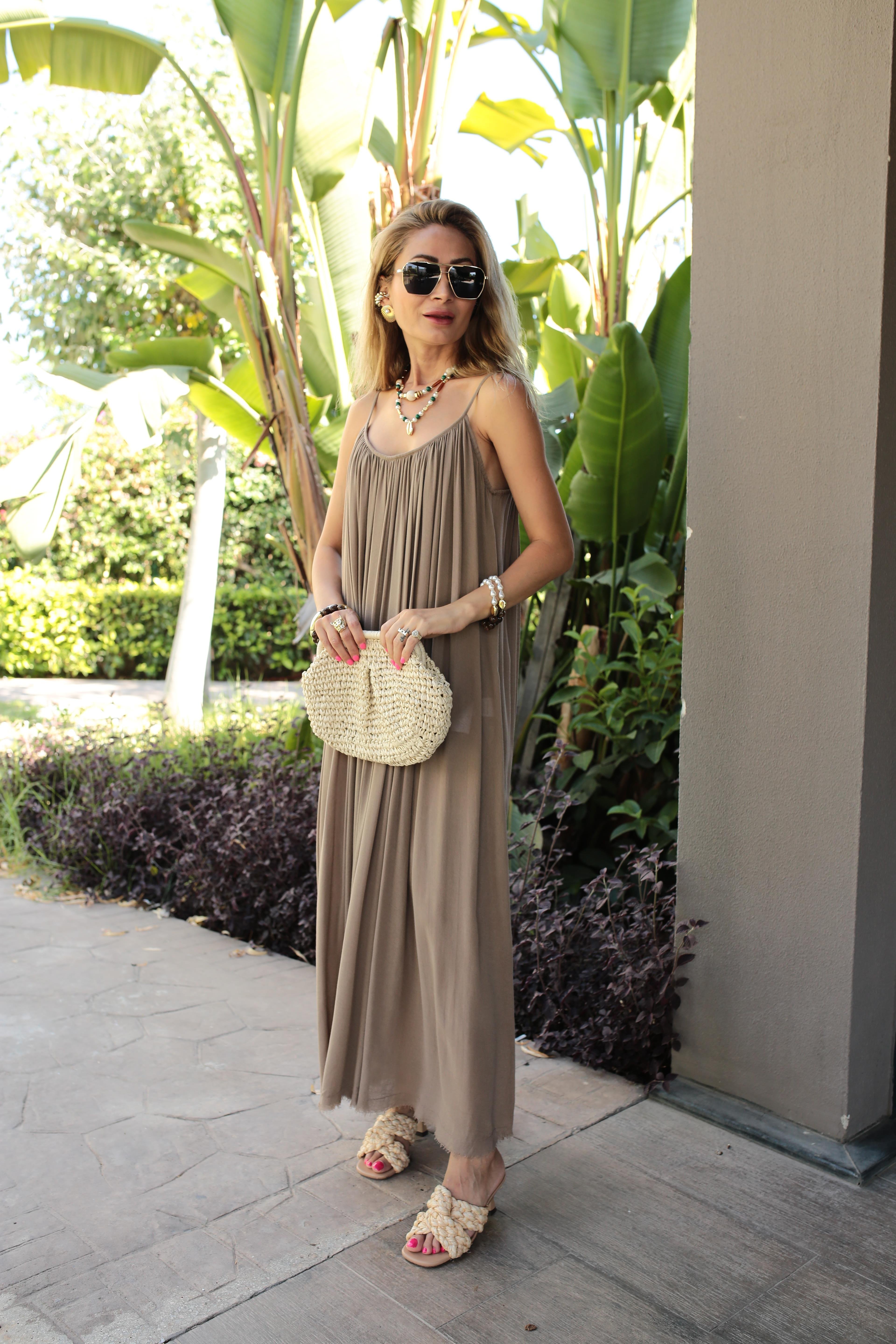 İp Askılı Vizon Keten Uzun Elbise ELBİSE | NO33