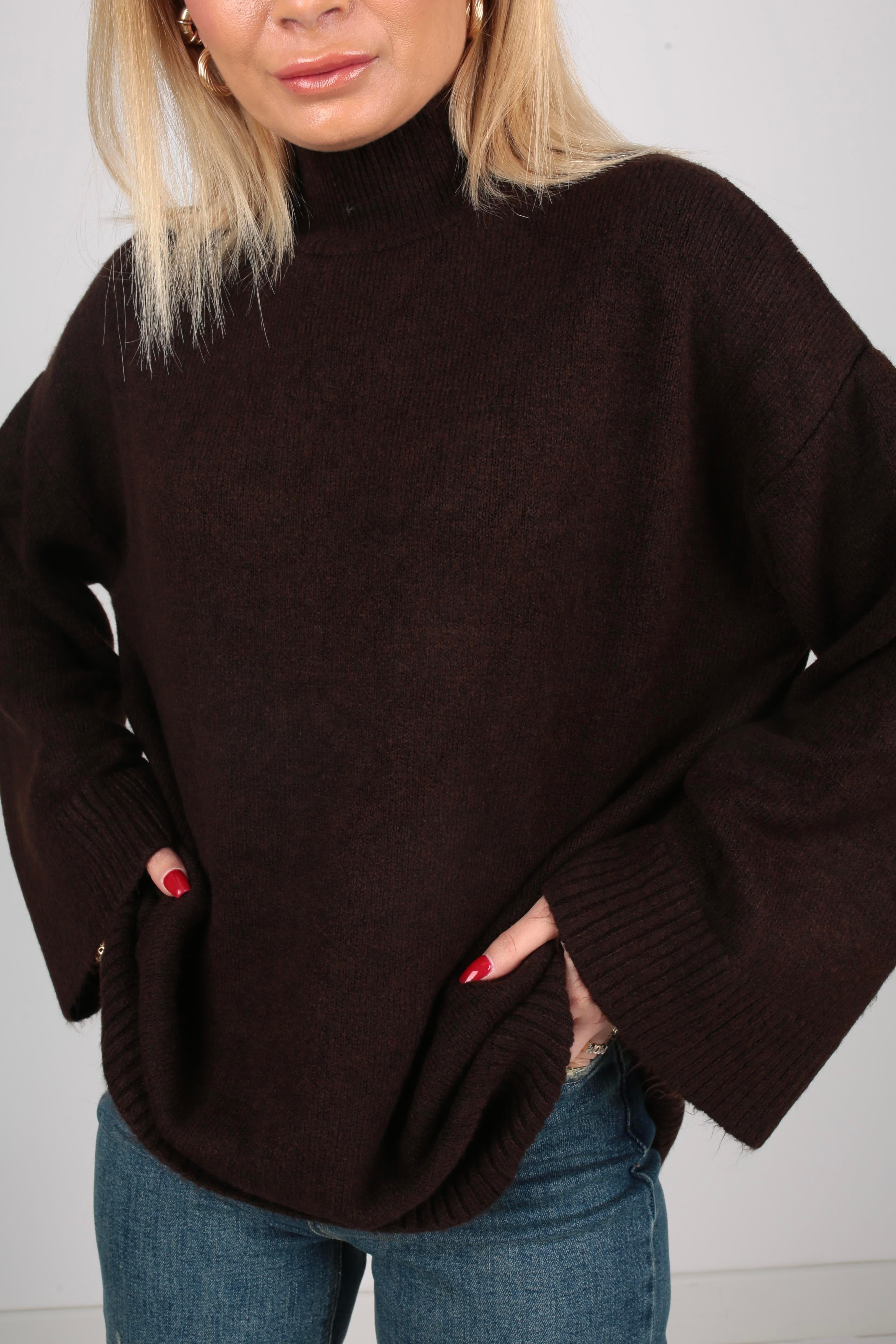 Kahve Dik Yaka Oversize Kazak TRİKO VE KAZAK