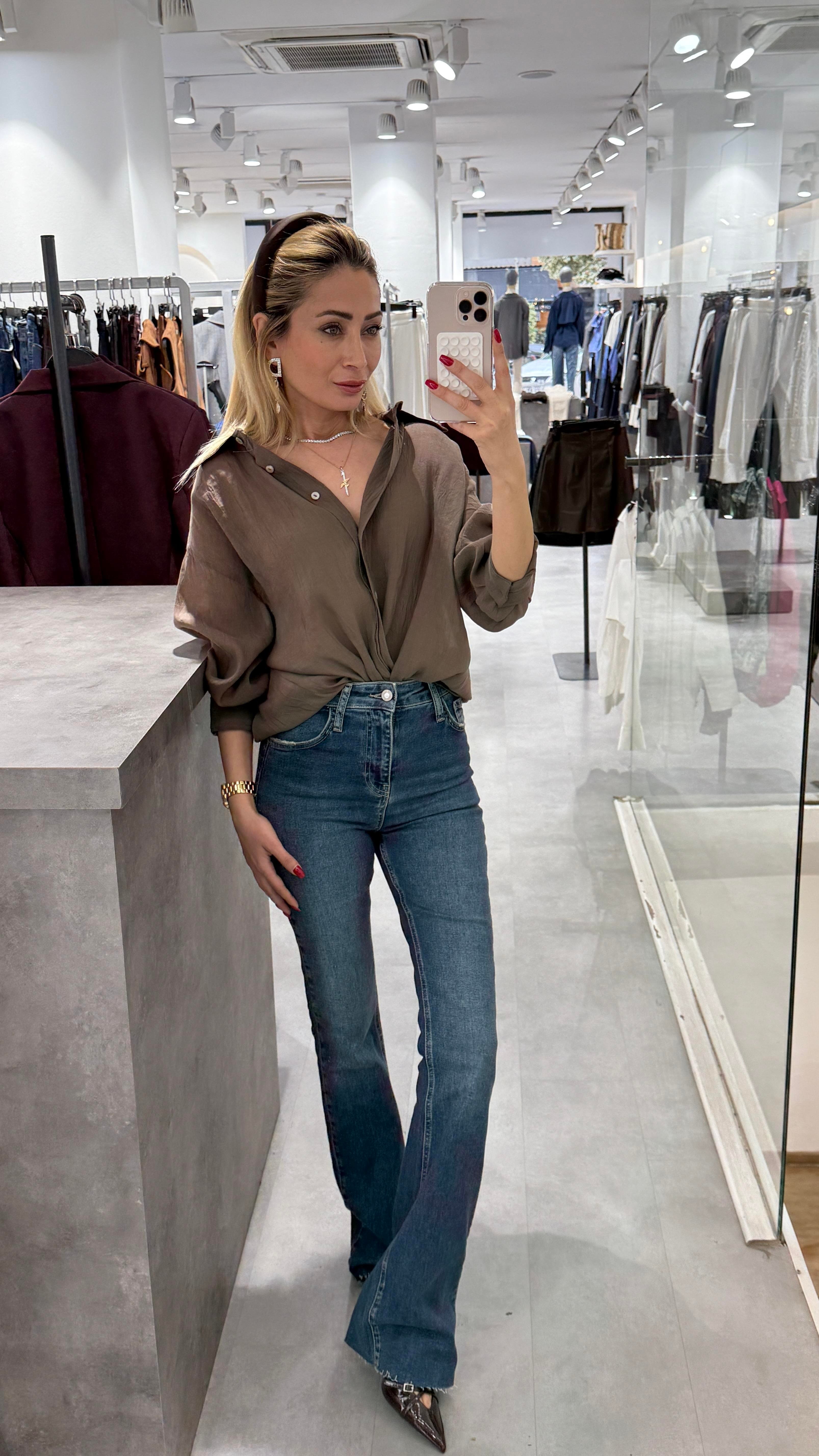 Kahve Kırışık Oversize Gömlek GÖMLEK