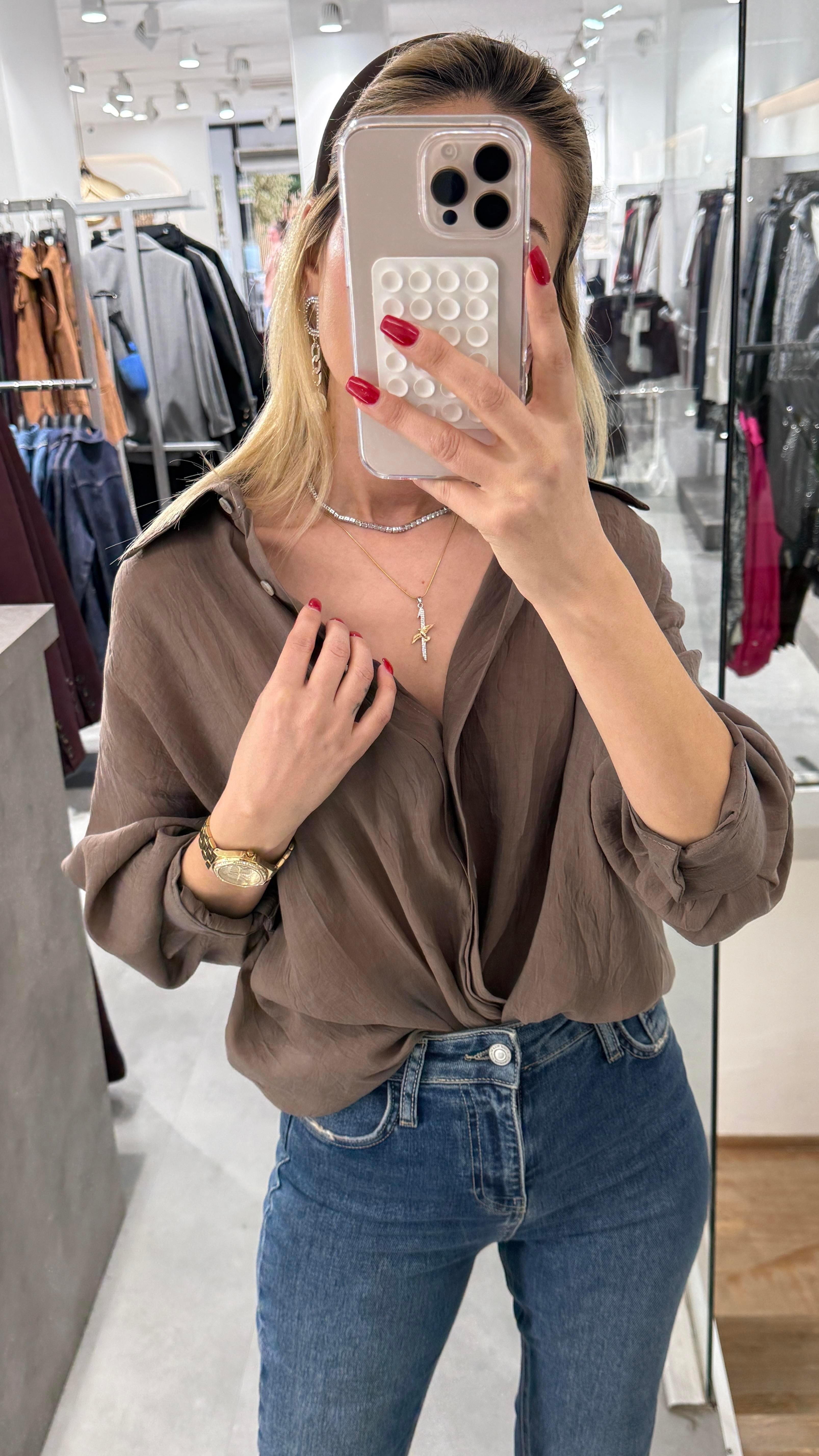 Kahve Kırışık Oversize Gömlek GÖMLEK