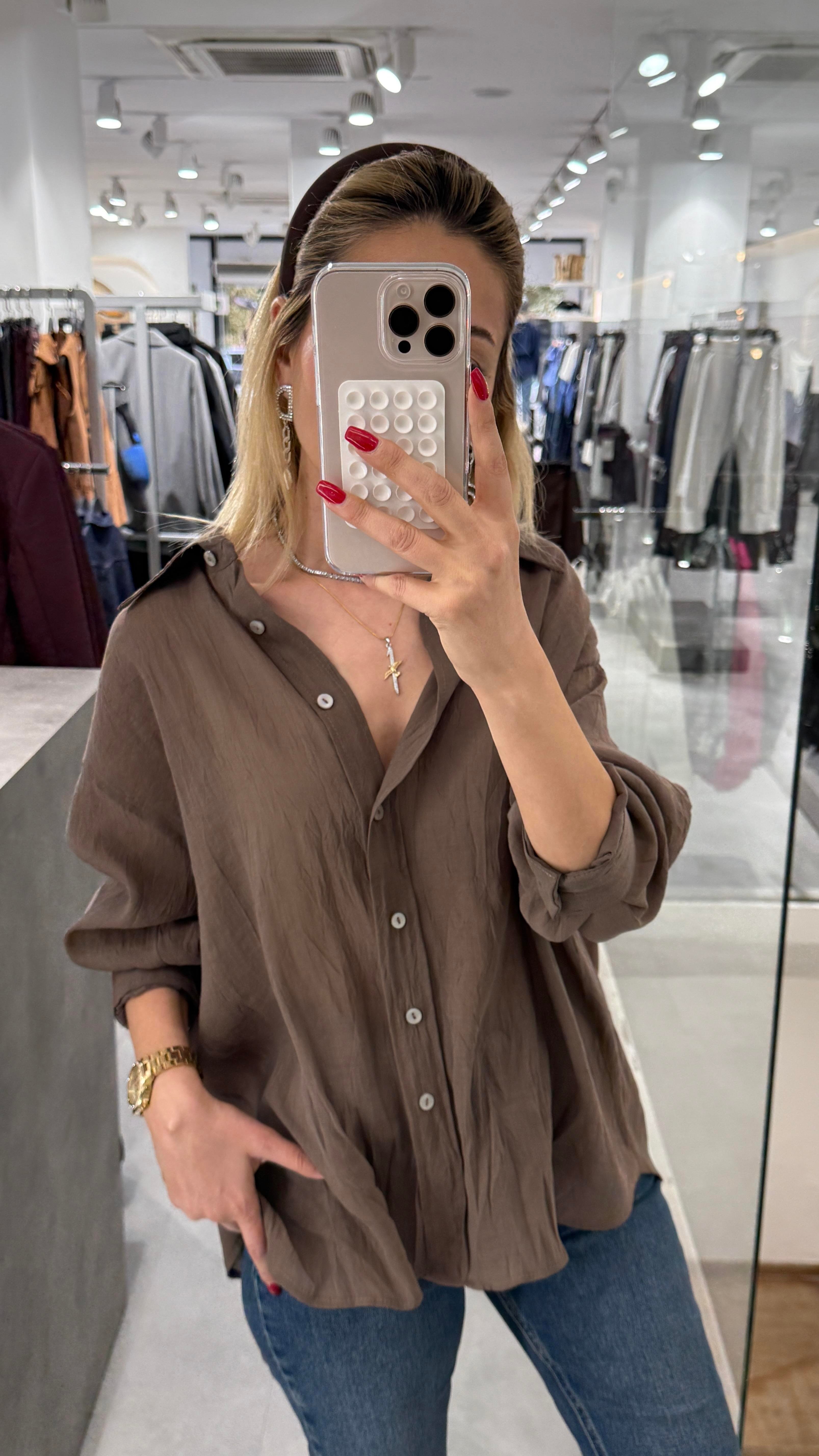 Kahve Kırışık Oversize Gömlek GÖMLEK