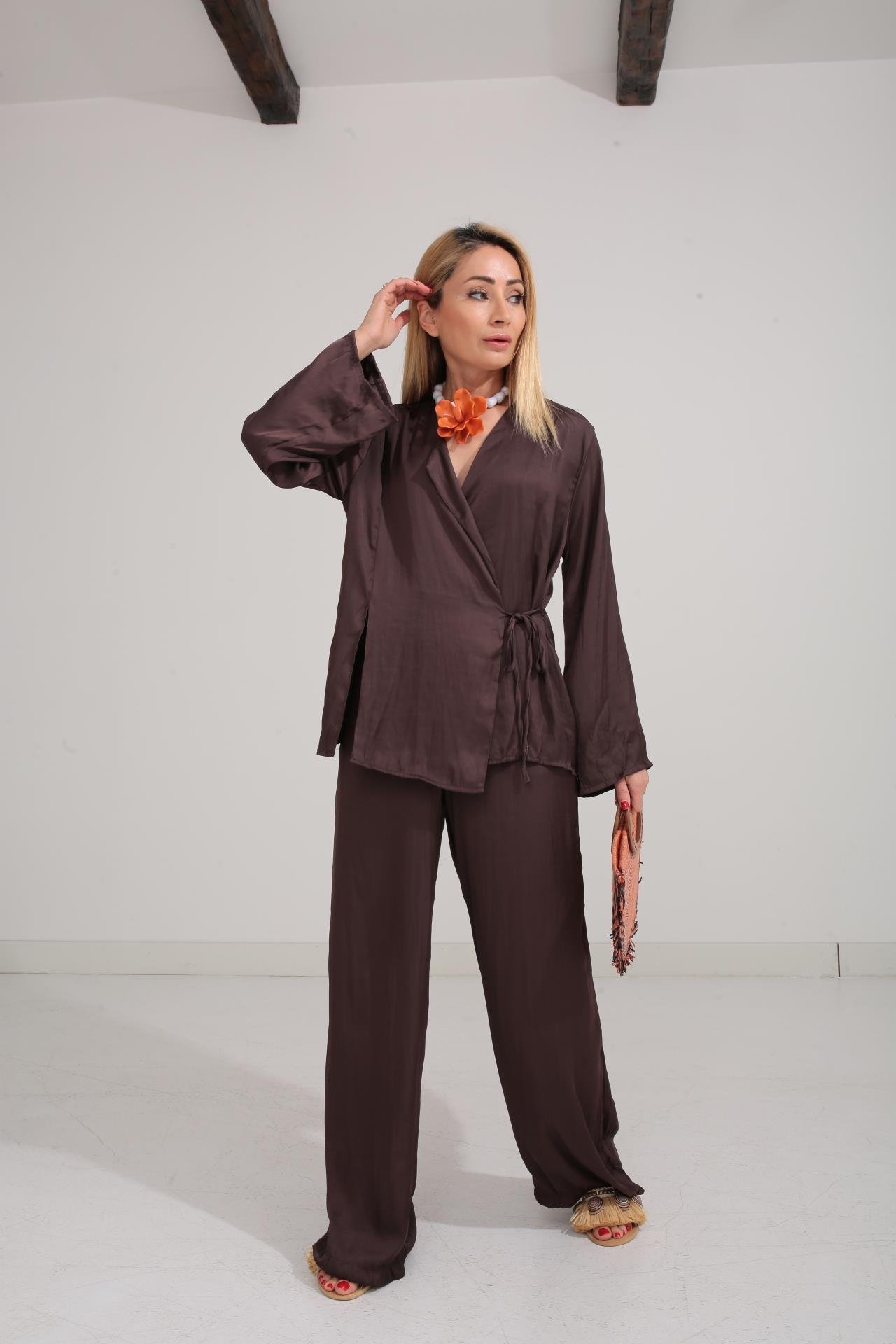 Kahve Kraşlı Kruvaze Bağlama Saten Takım TAKIM | NO33