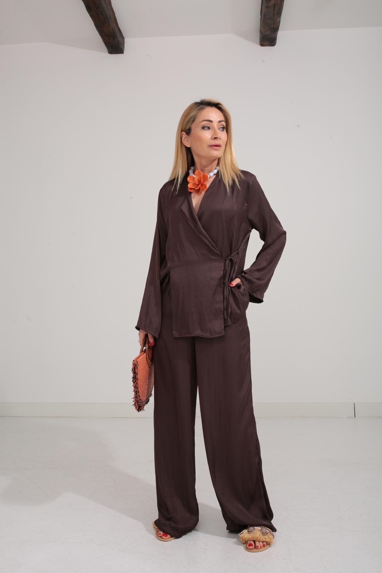 Kahve Kraşlı Kruvaze Bağlama Saten Takım TAKIM | NO33