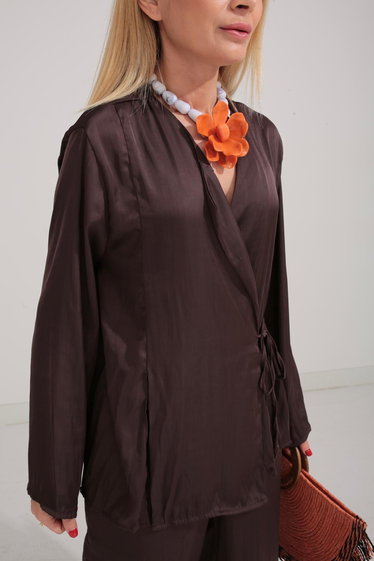 Kahve Kraşlı Kruvaze Bağlama Saten Takım TAKIM | NO33