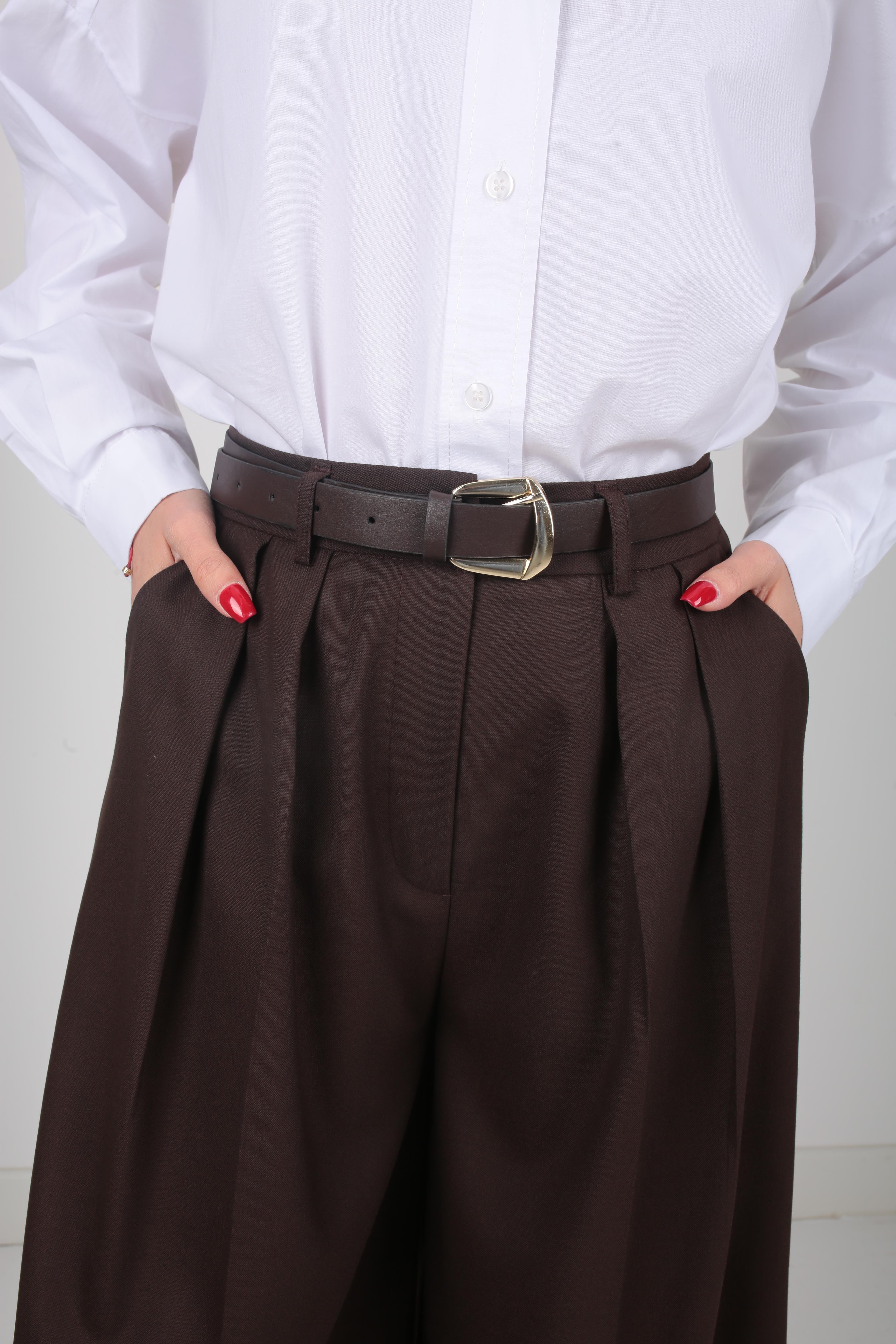 Kahve Pileli Kemerli Palazzo Pantolon PANTOLON