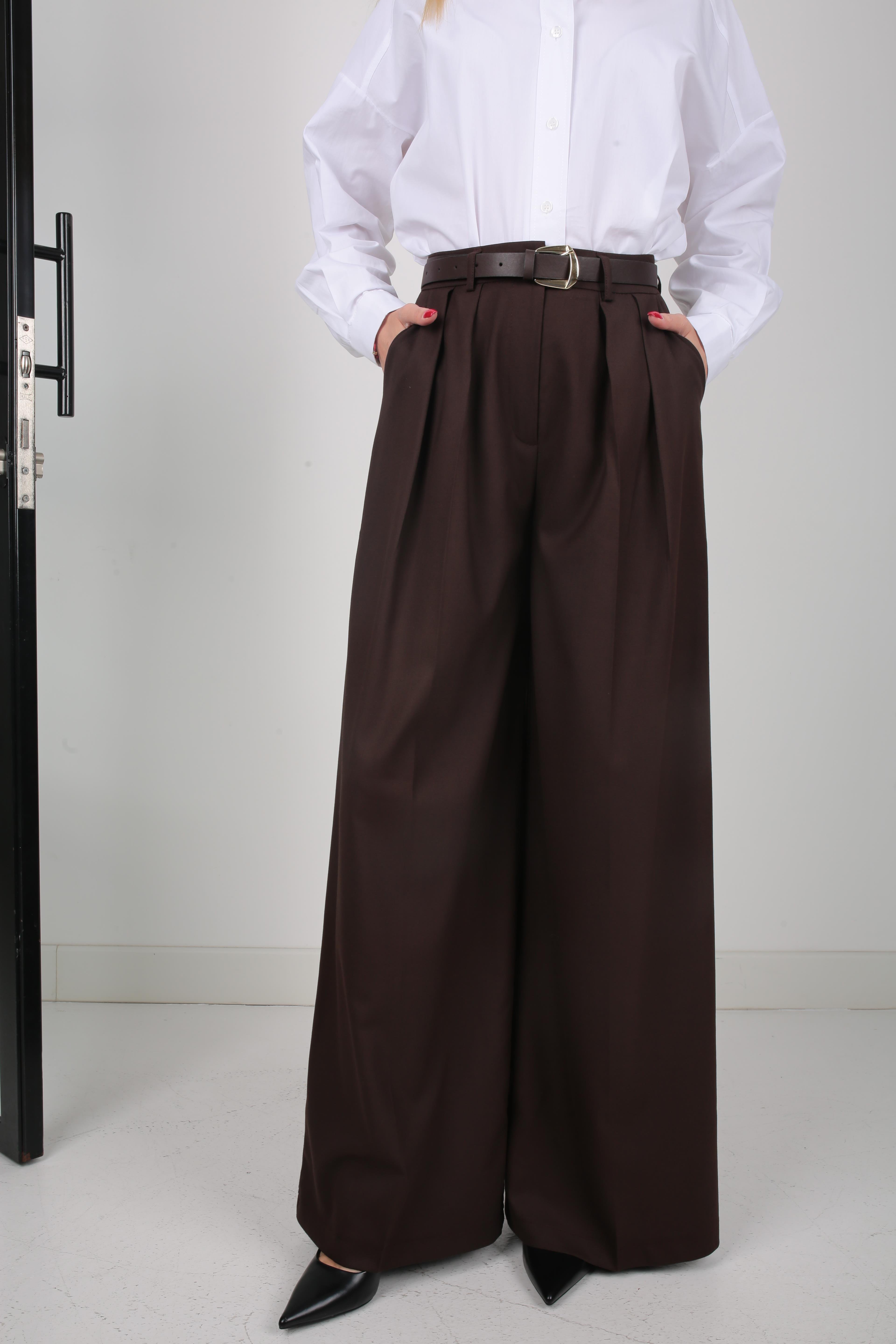 Kahve Pileli Kemerli Palazzo Pantolon PANTOLON