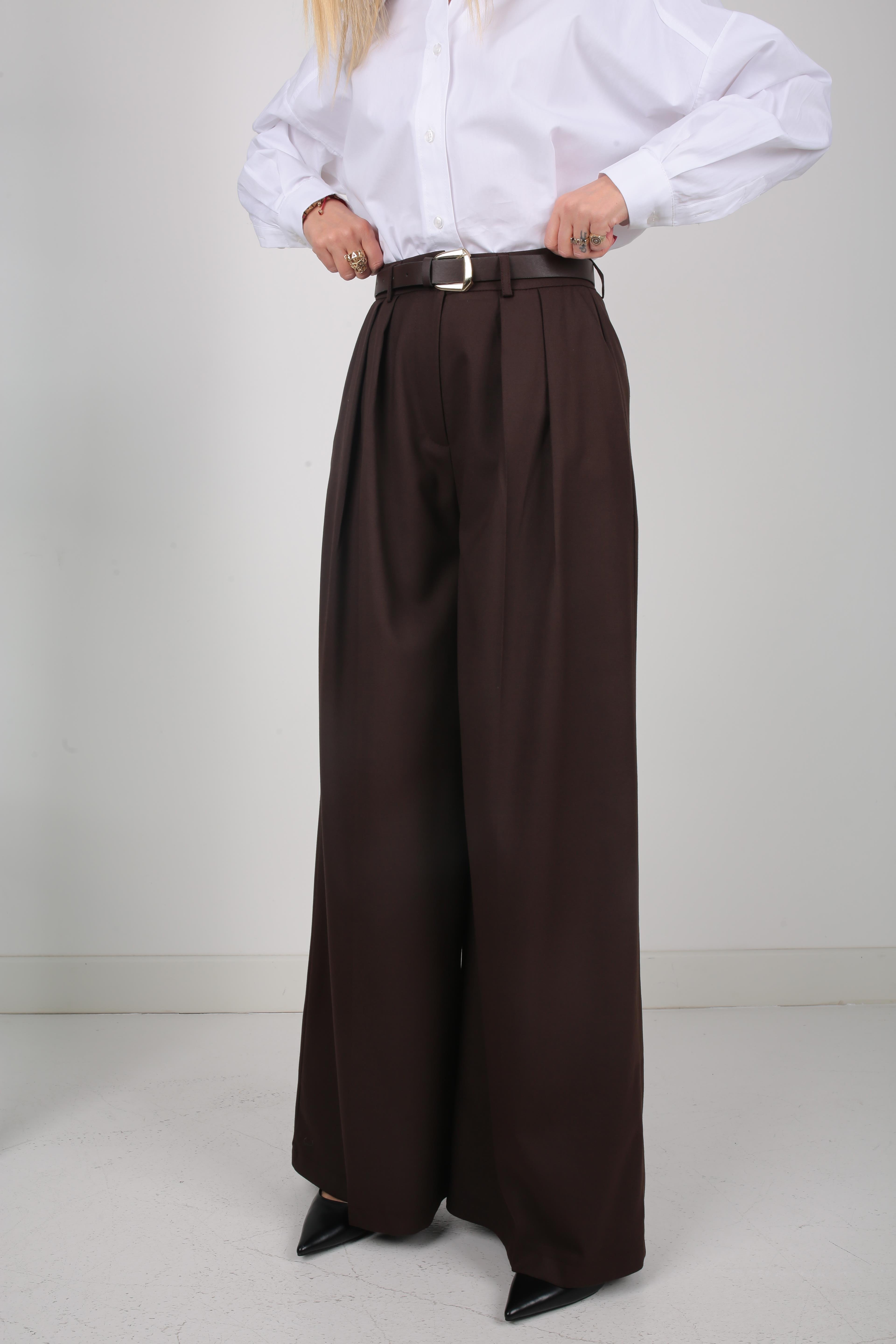 Kahve Pileli Kemerli Palazzo Pantolon PANTOLON