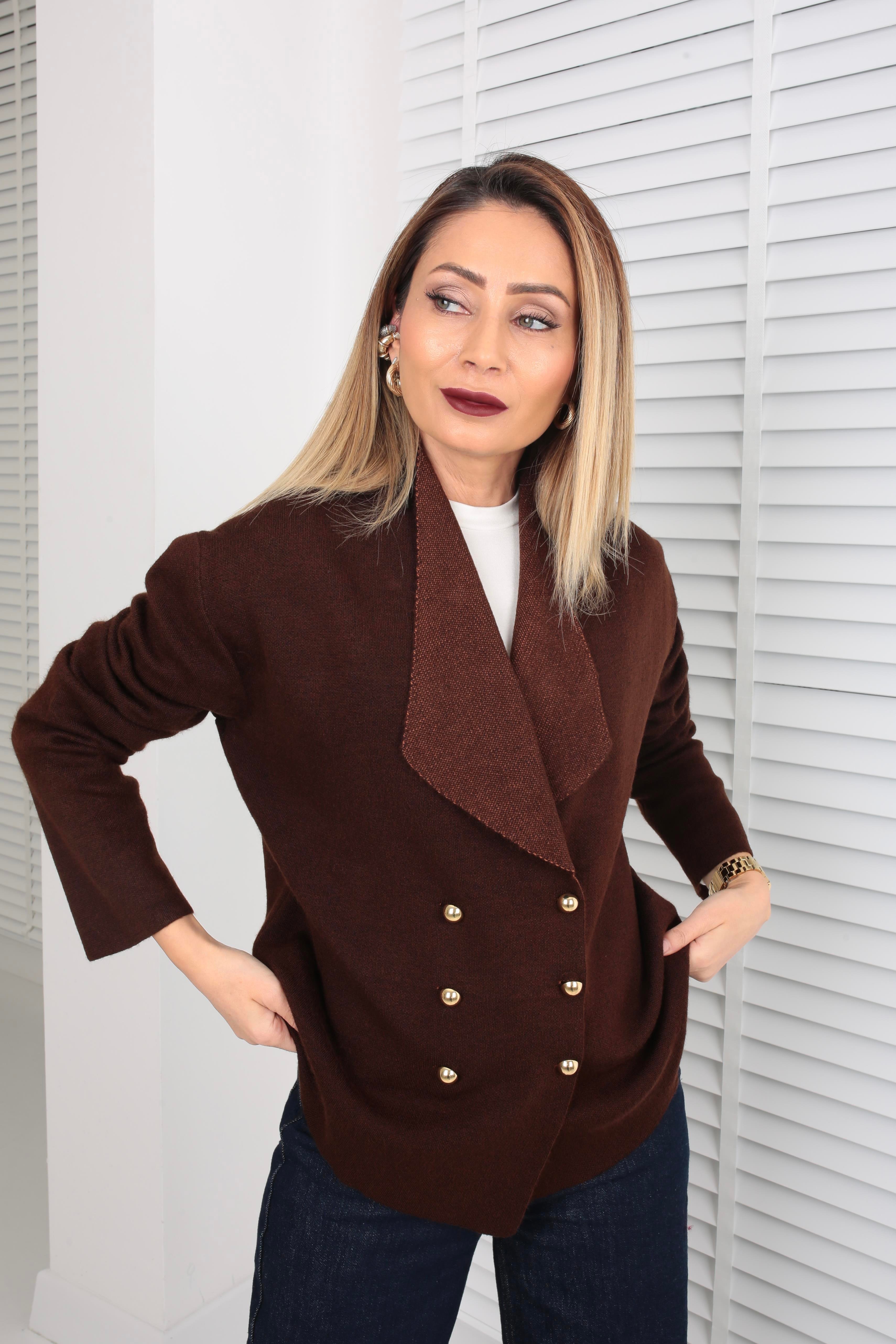 Kahve Şal Yaka Gold Düğmeli Hırka HIRKA