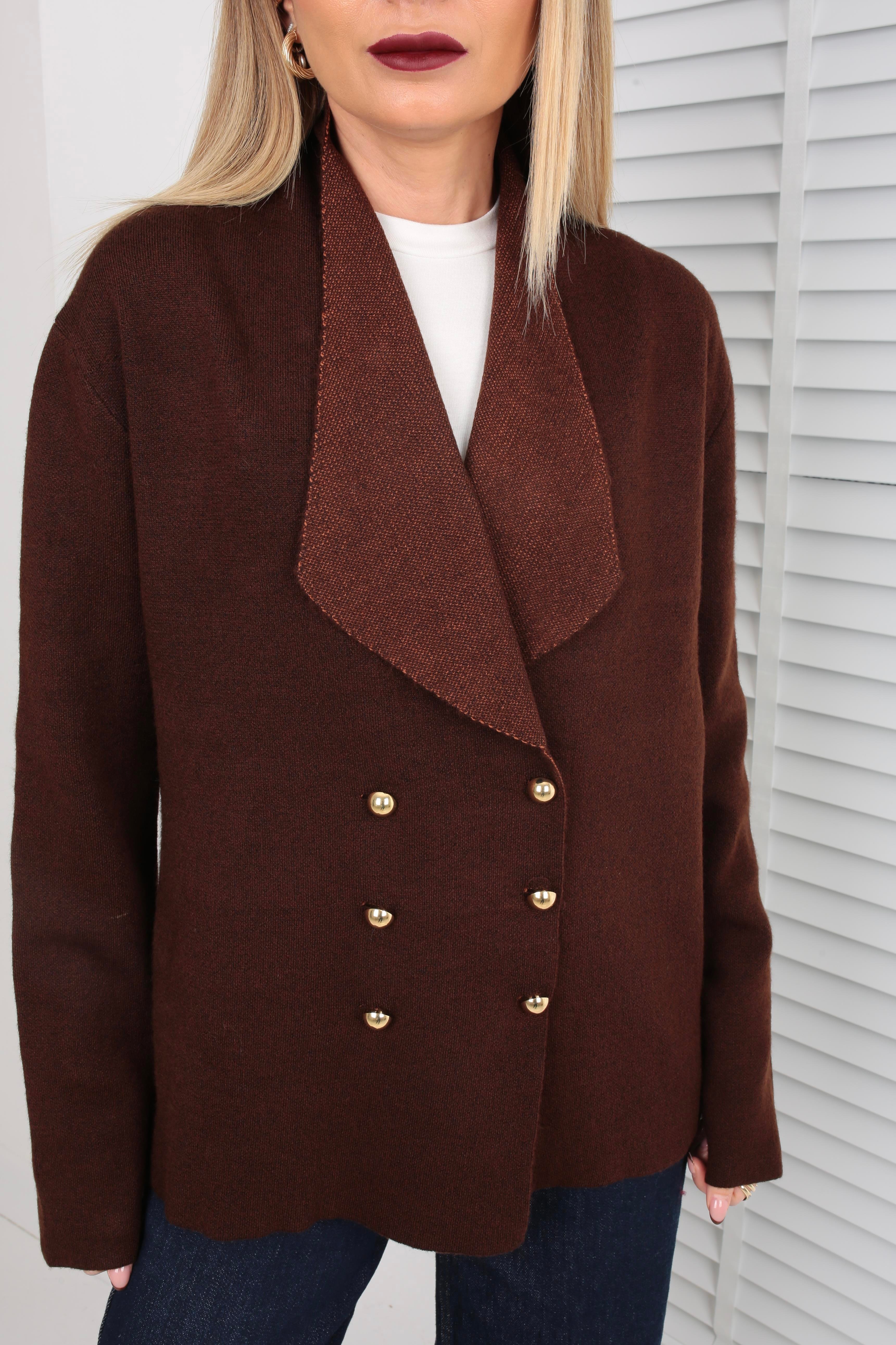 Kahve Şal Yaka Gold Düğmeli Hırka HIRKA