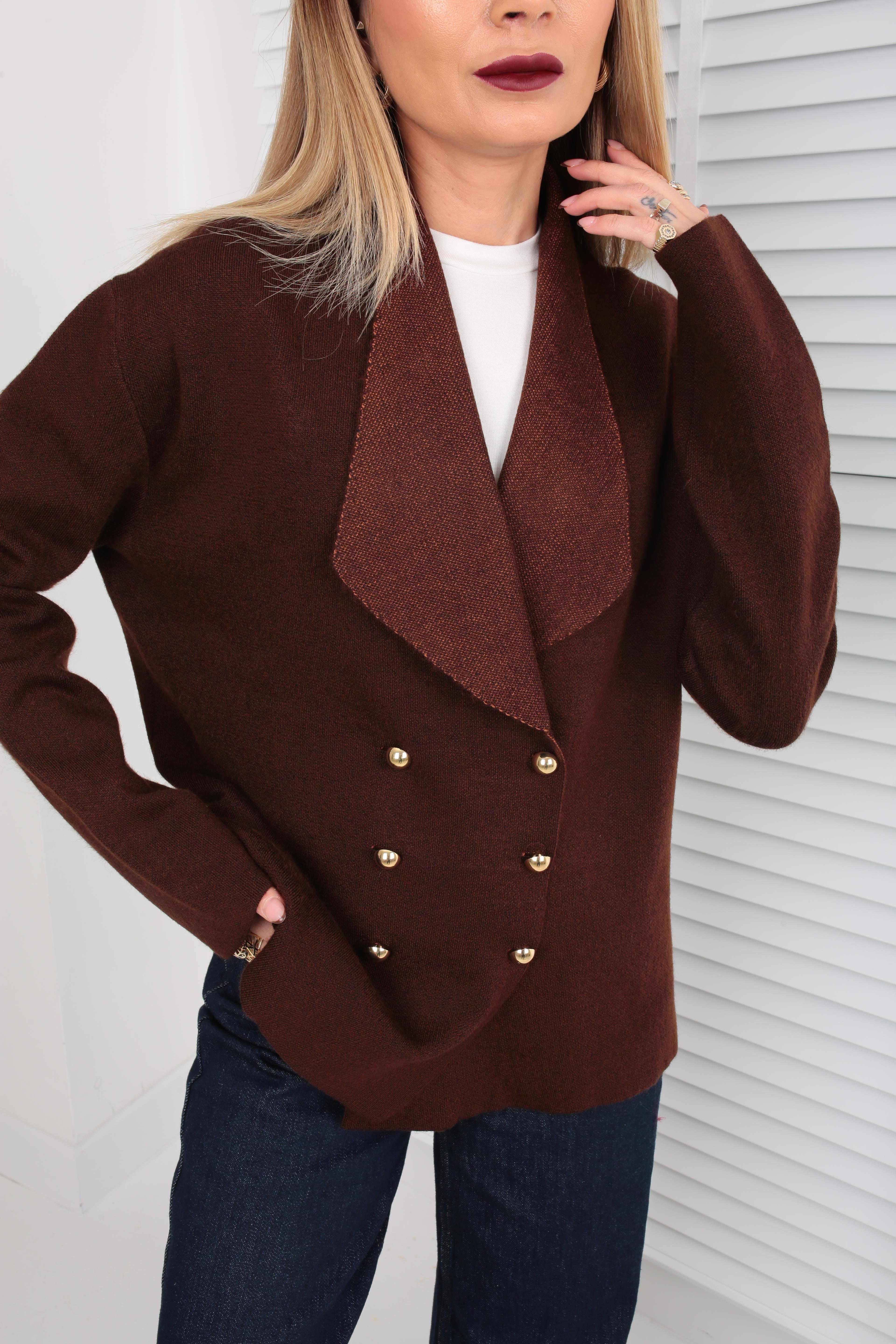 Kahve Şal Yaka Gold Düğmeli Hırka HIRKA