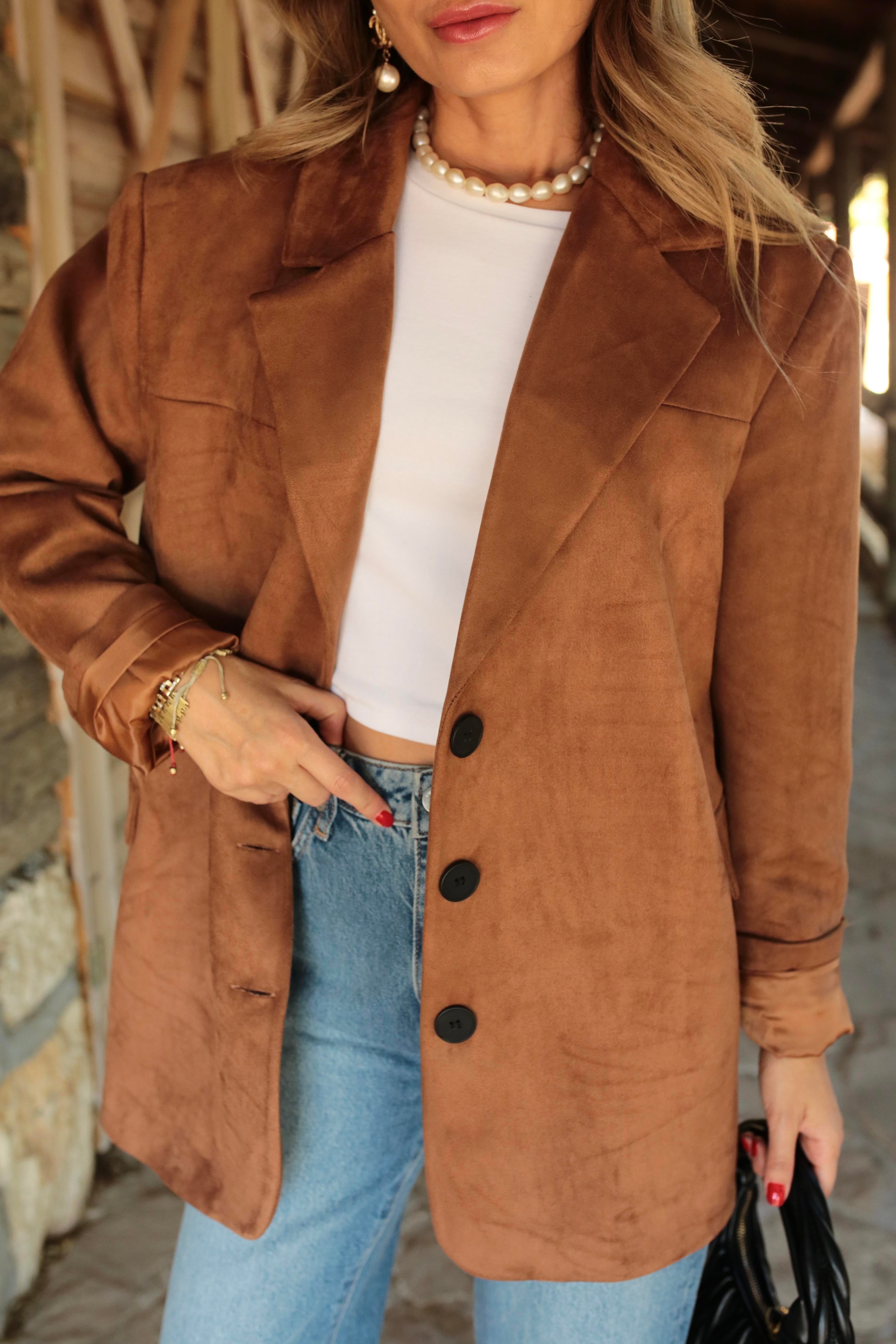 Kahve Üç Düğmeli Nubuk Blazer Ceket CEKET