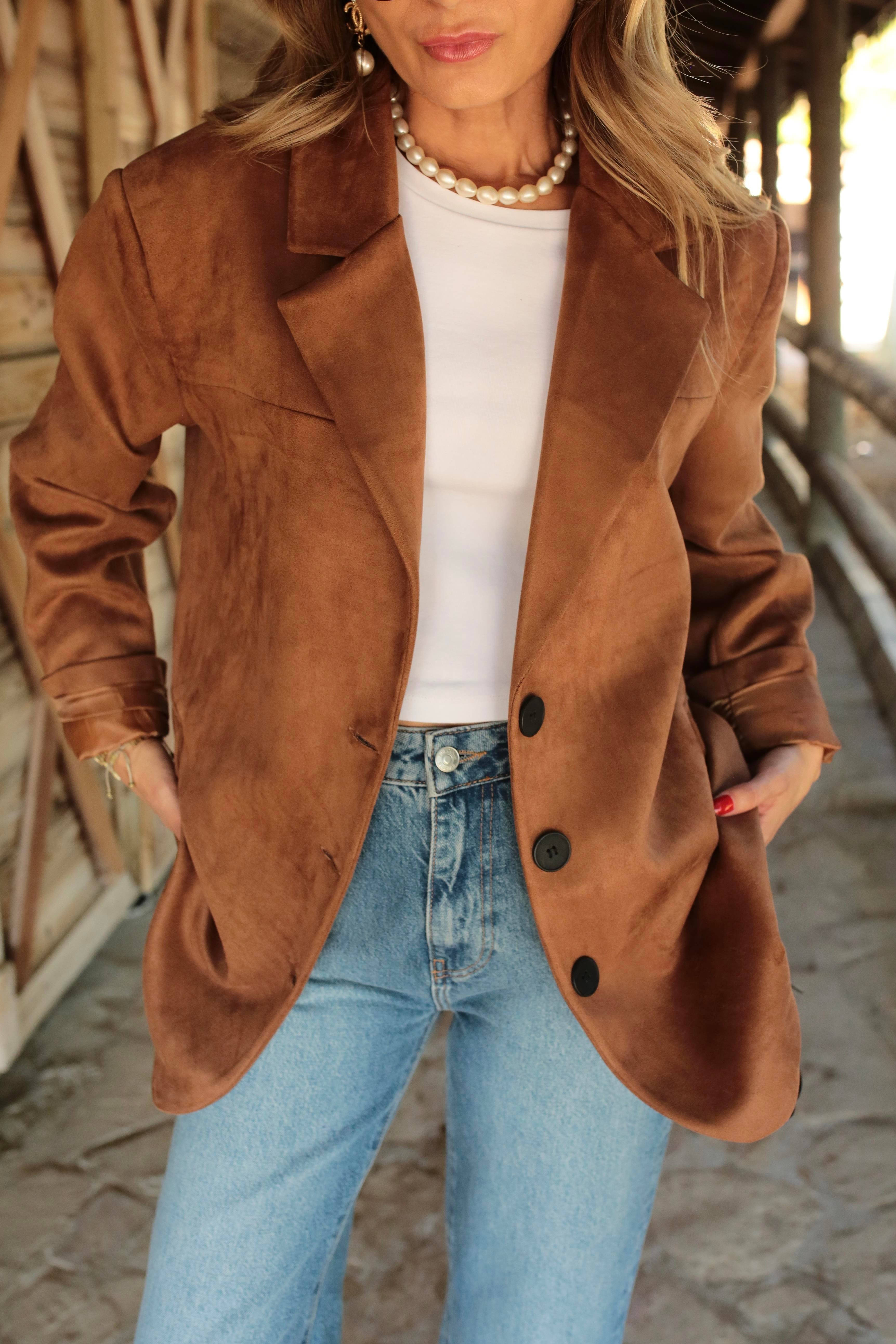 Kahve Üç Düğmeli Nubuk Blazer Ceket CEKET