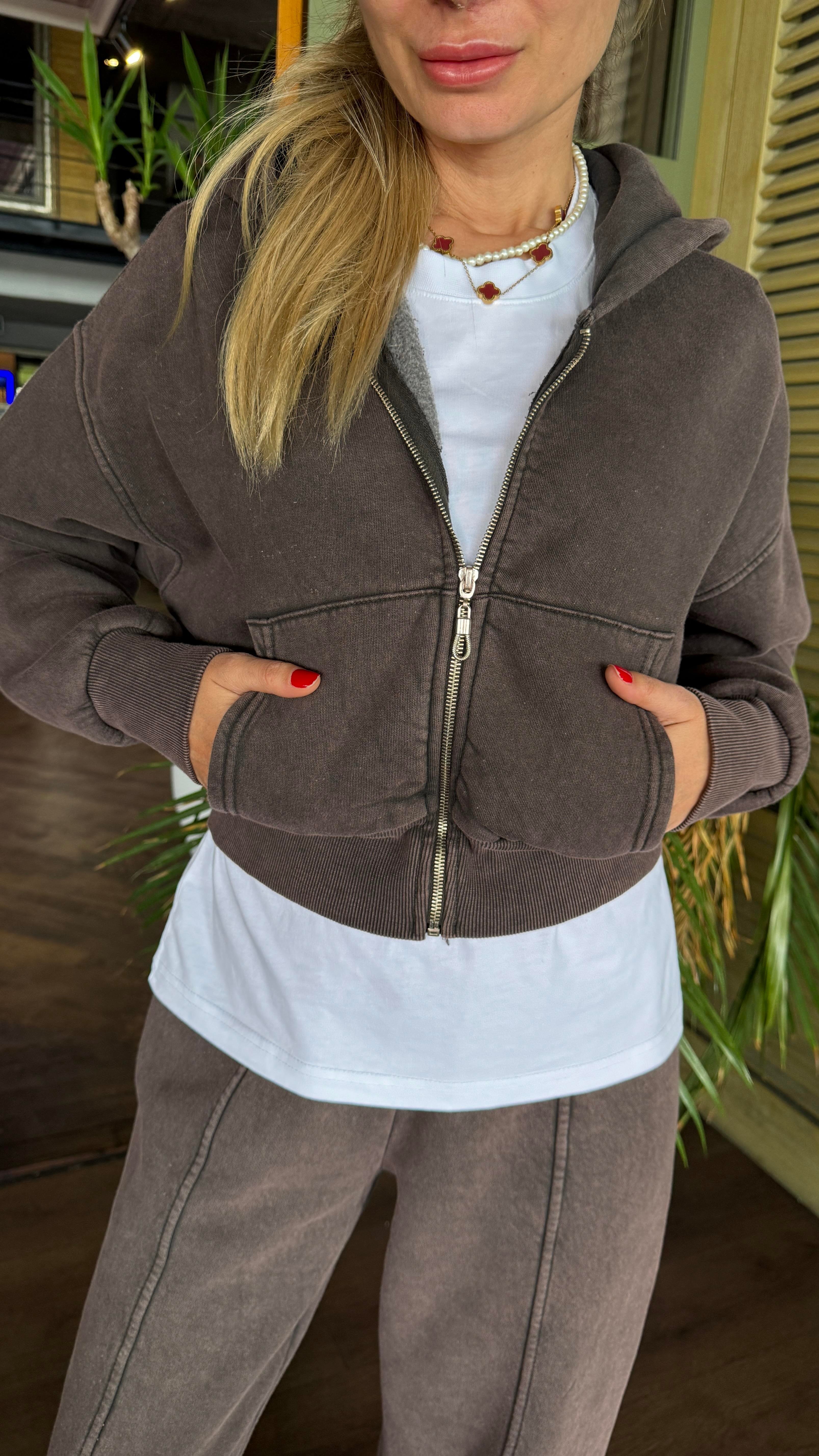 Kahve Yıkamalı Kapişonlu Eşofman Takımı SPOR TAKIMLAR