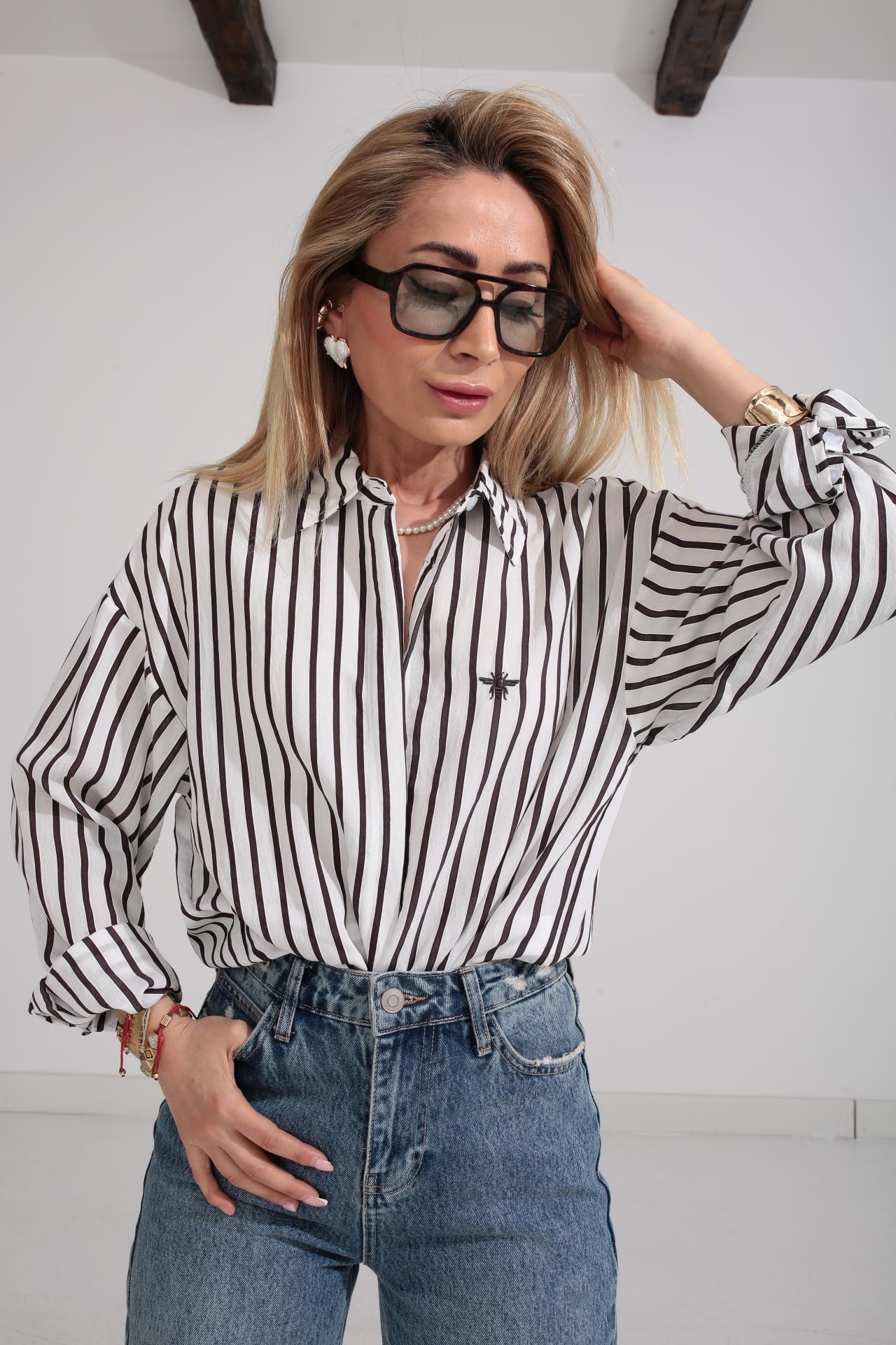 Kahverengi Çizgili Nakışlı Gömlek GÖMLEK