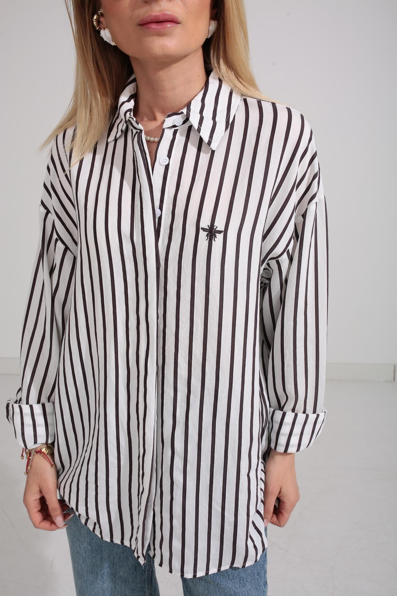 Kahverengi Çizgili Nakışlı Gömlek GÖMLEK