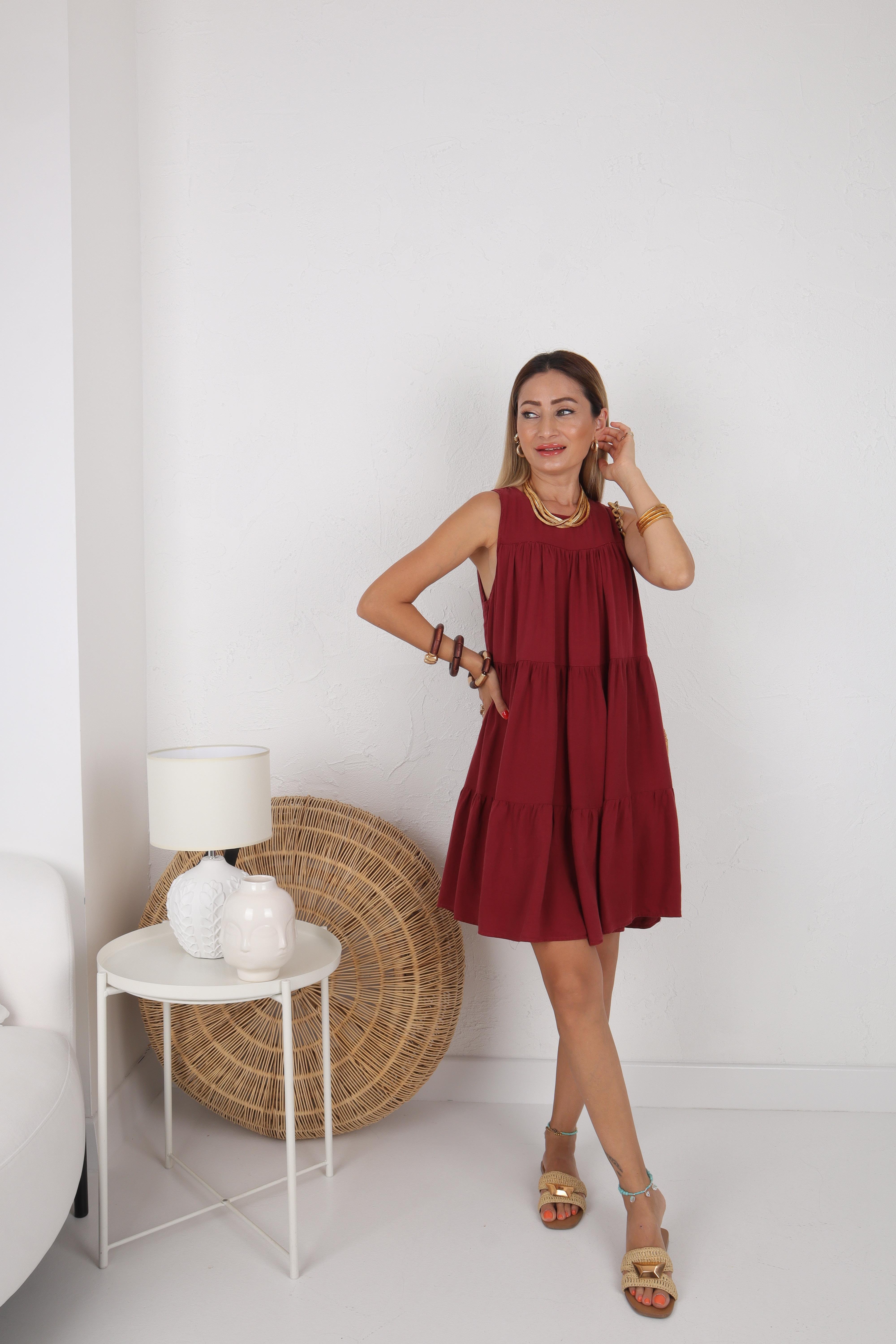 Kalın Askı Bordo Midi Elbise ELBİSE